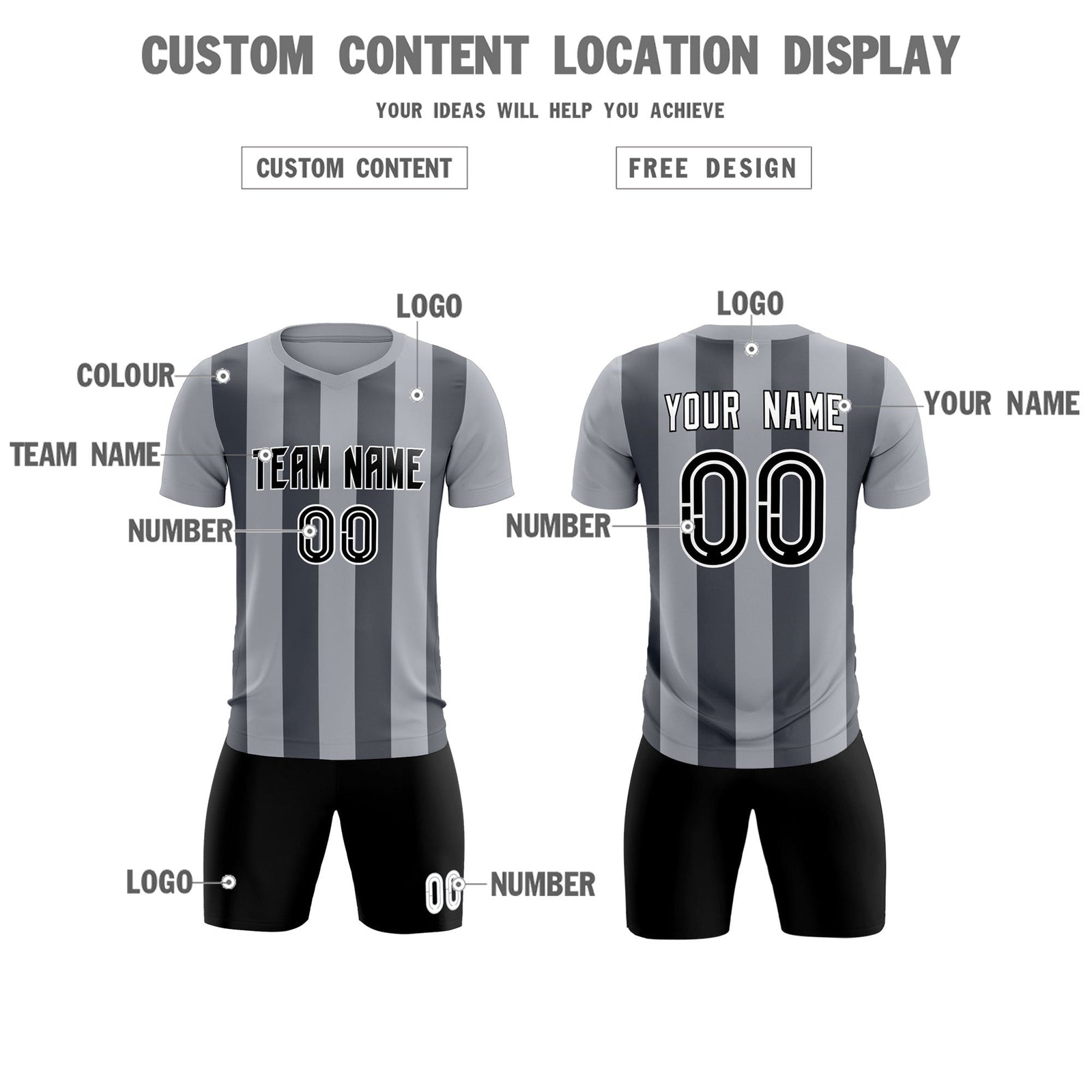 Custom Gray Dark Gray Vertical Stripes Casual Outdoor Soccer Sets Jersey