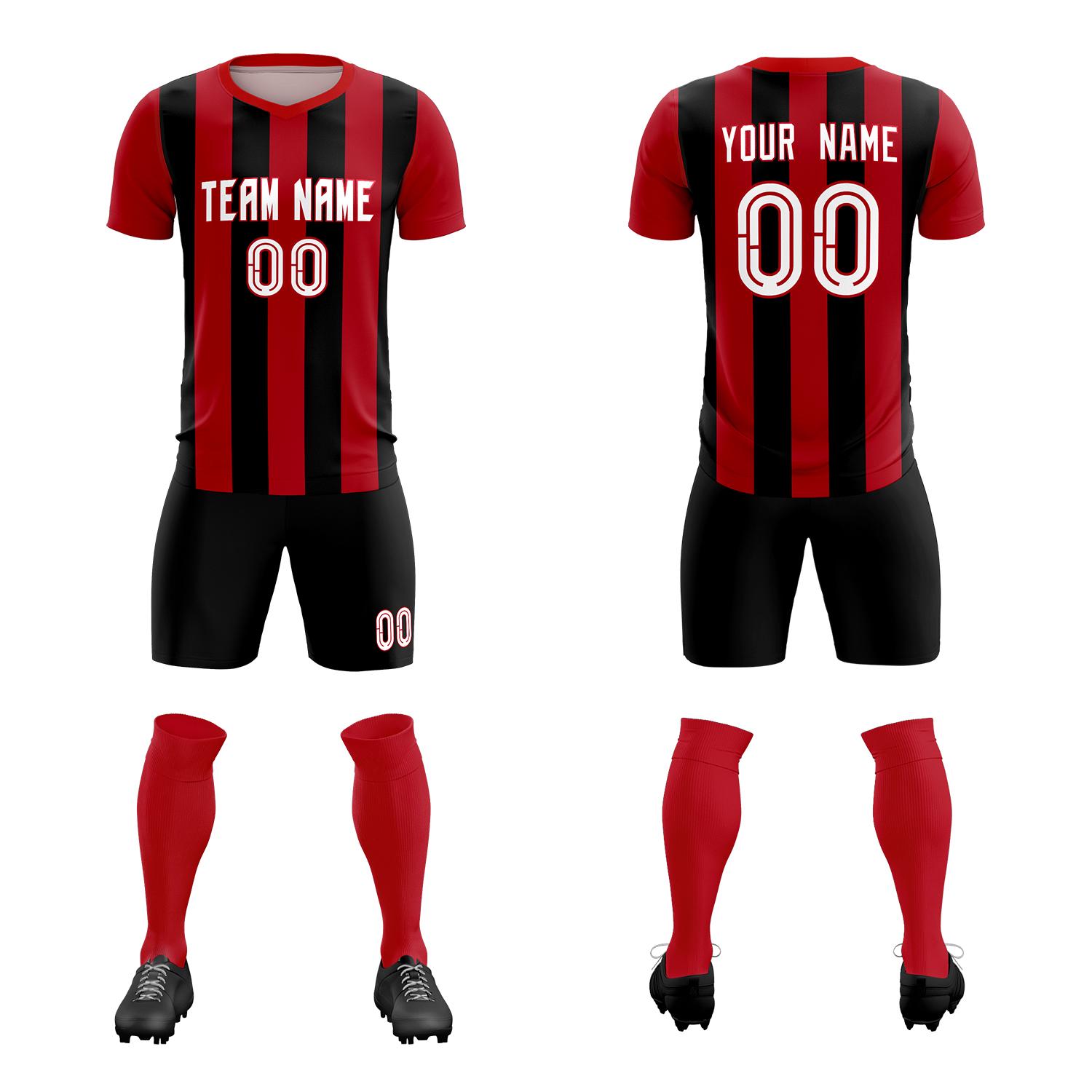 Custom Red Black Vertical Stripes Casual Outdoor Soccer Sets Jersey