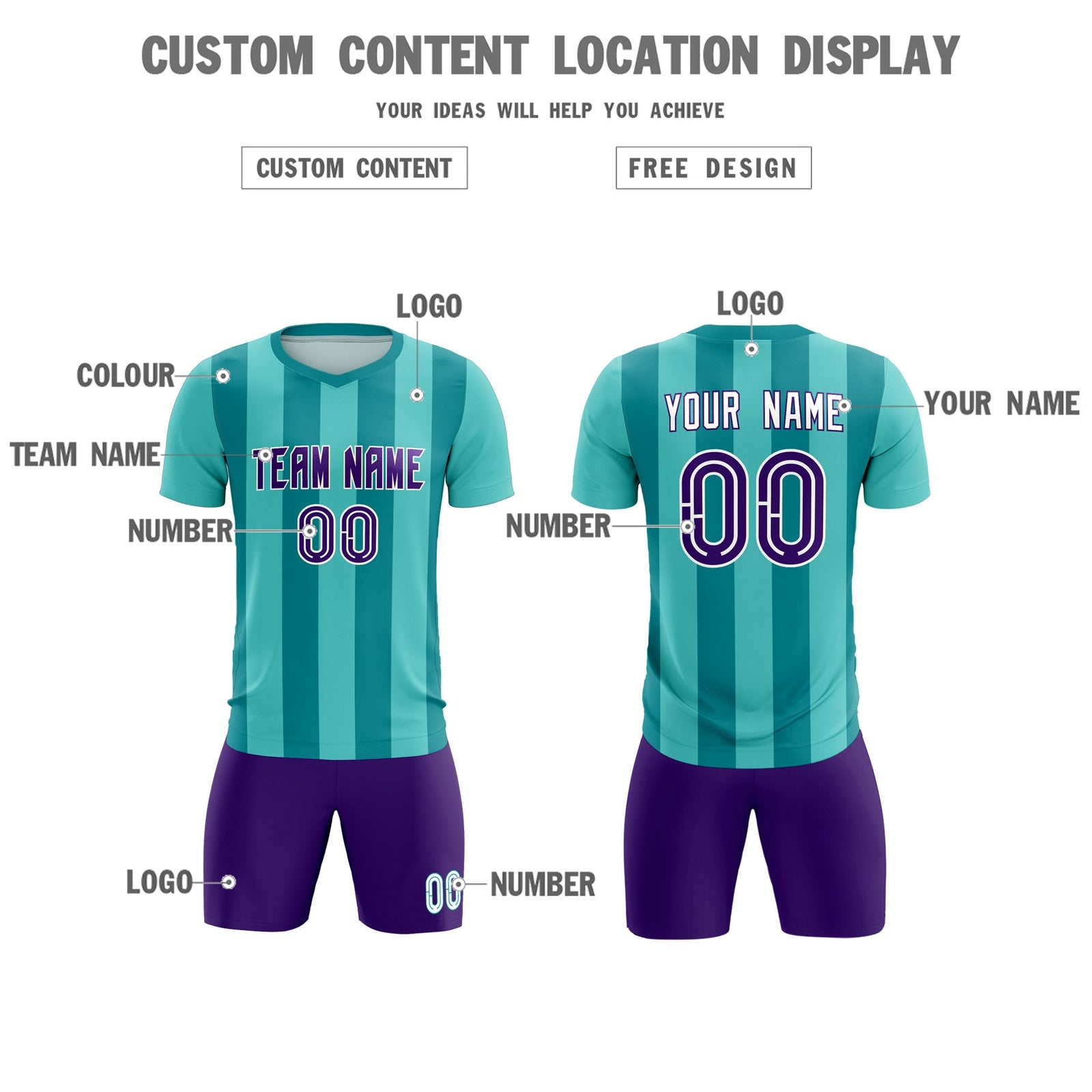 Custom Bright Green Aqua Vertical Stripes Casual Outdoor Soccer Sets Jersey