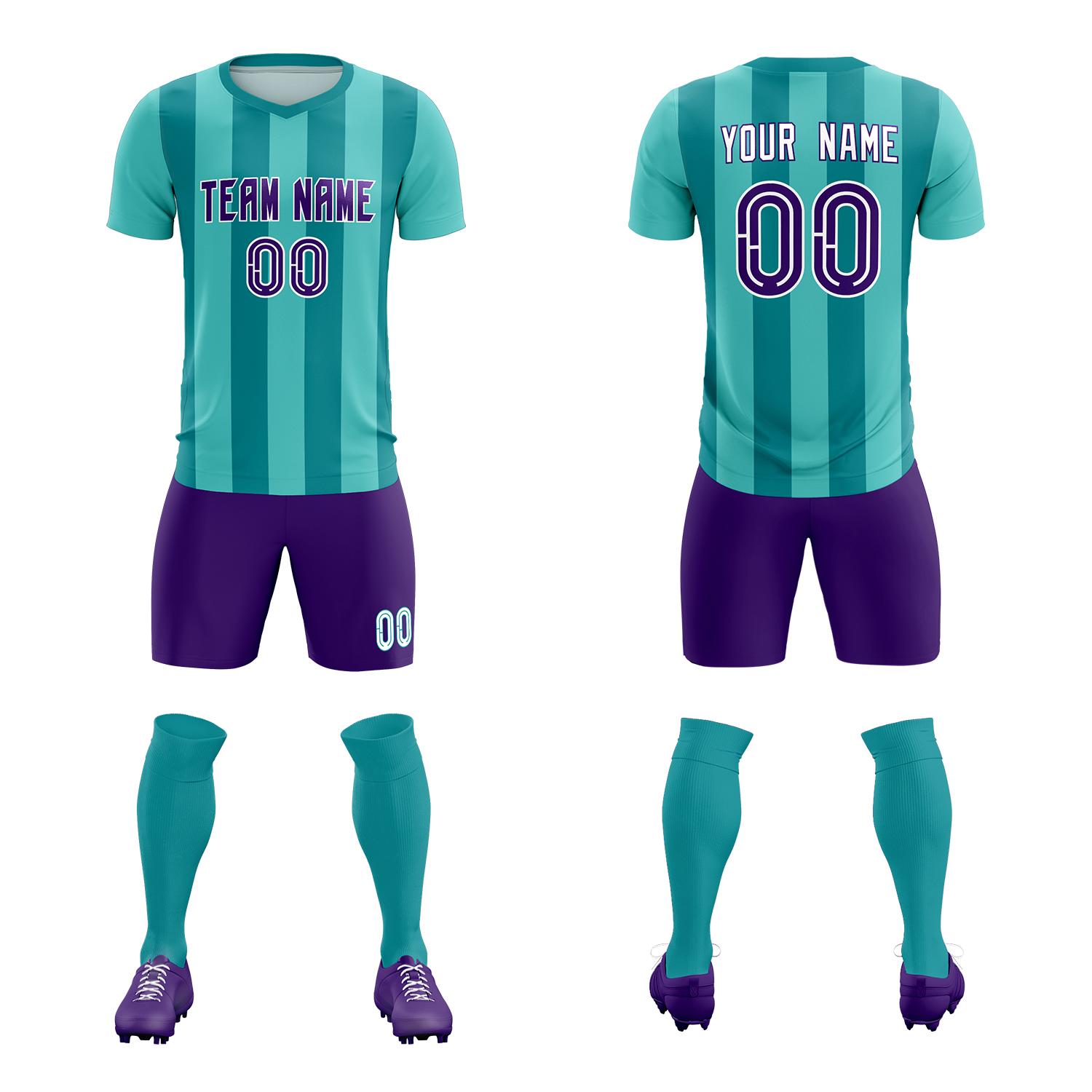 Custom Bright Green Aqua Vertical Stripes Casual Outdoor Soccer Sets Jersey
