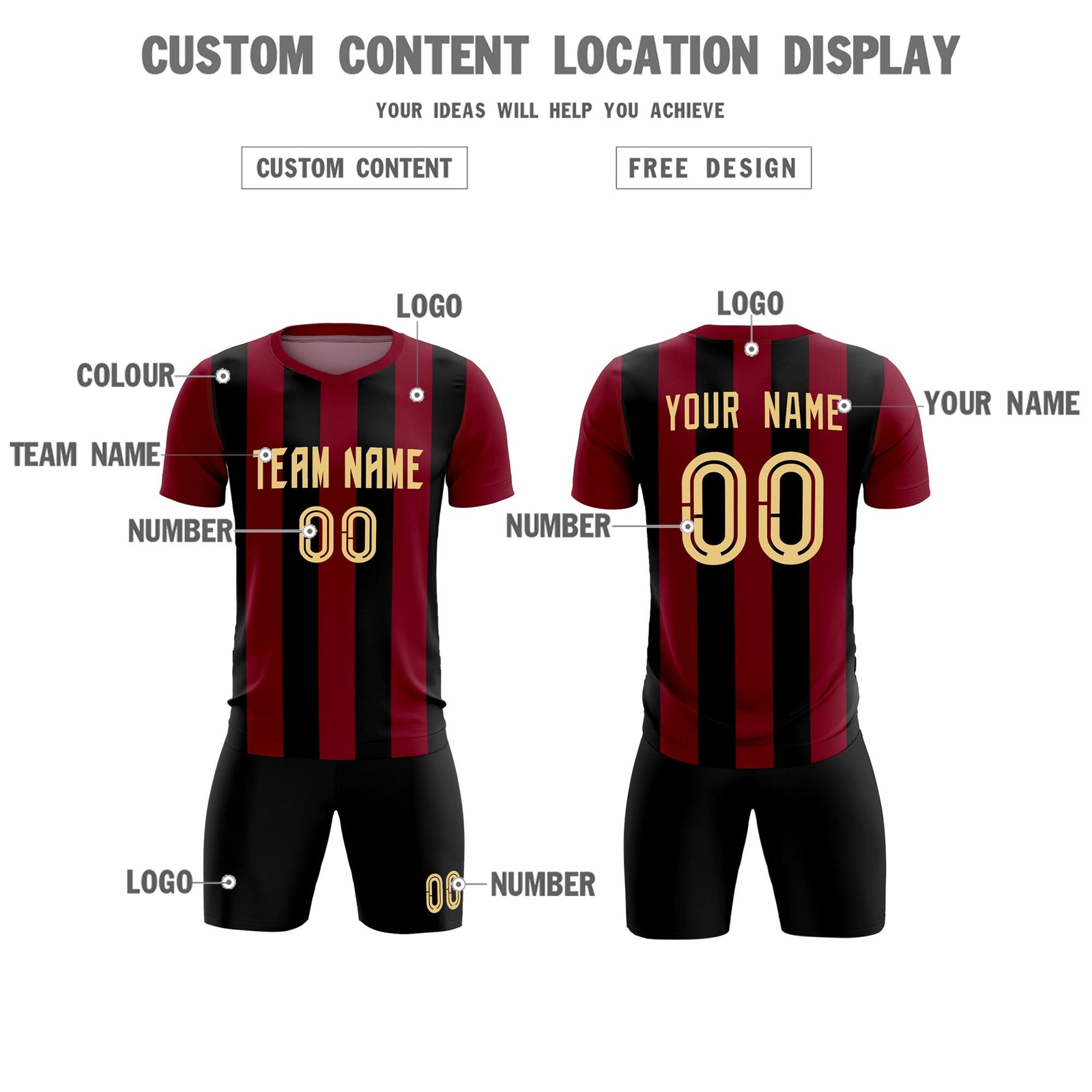 Custom Crimson Black Vertical Stripes Casual Outdoor Soccer Sets Jersey