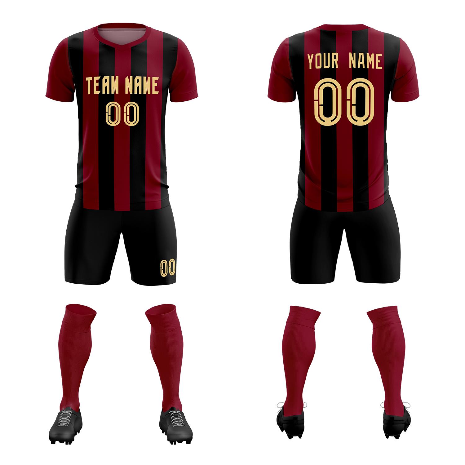 Custom Crimson Black Vertical Stripes Casual Outdoor Soccer Sets Jersey