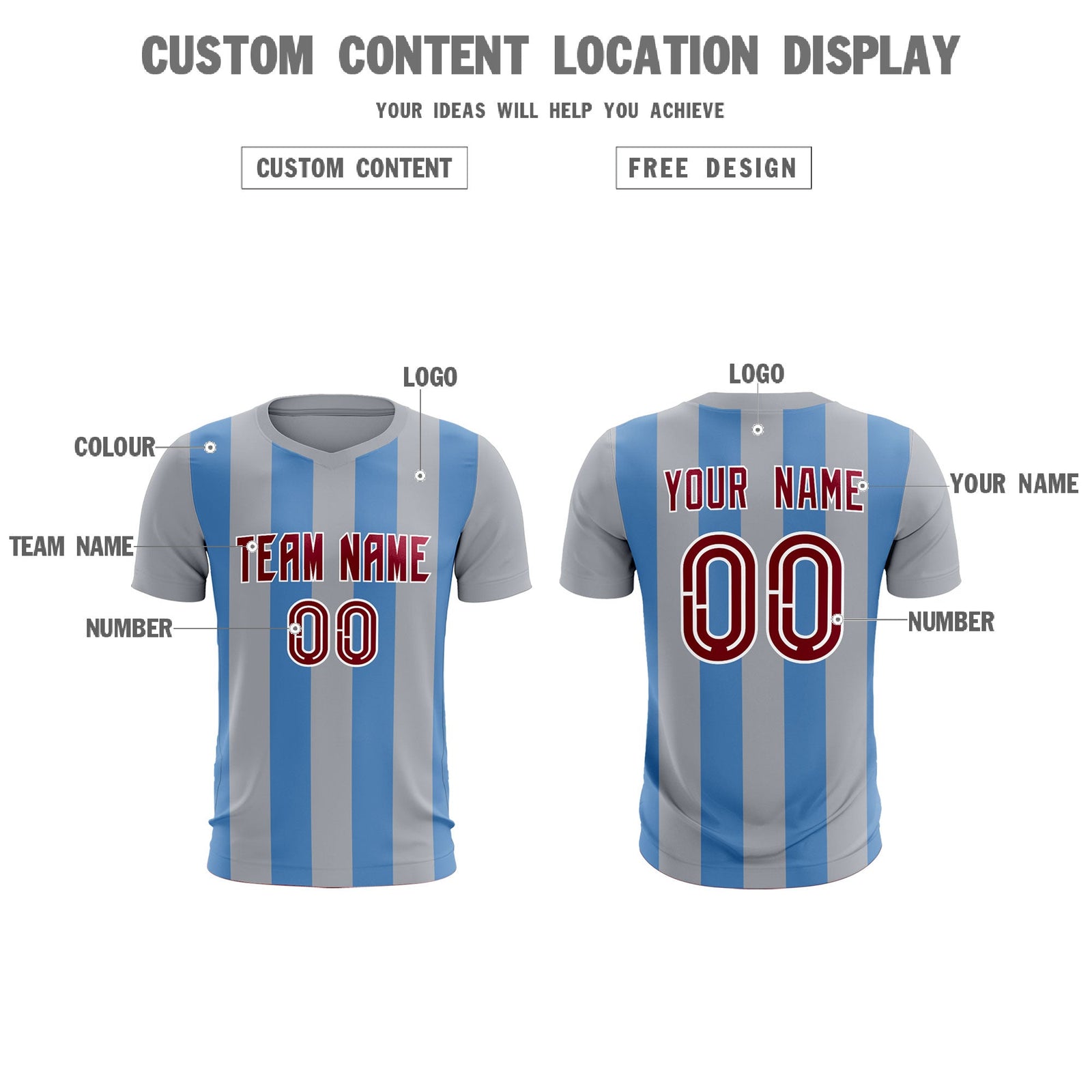 Custom Gray Light Blue Vertical Stripes Casual Outdoor Soccer Sets Jersey