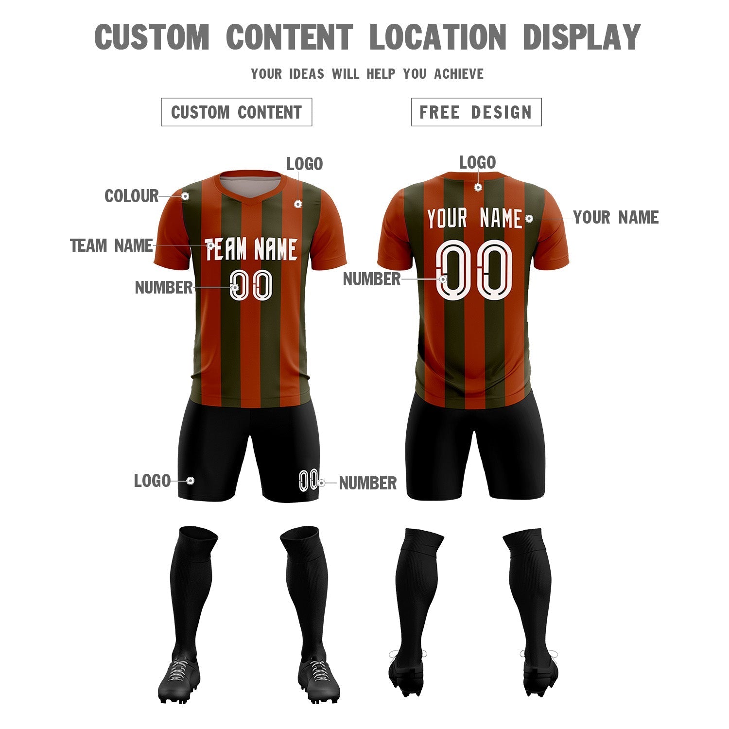 Custom Texas Orange Olive Vertical Stripes Casual Outdoor Soccer Sets Jersey