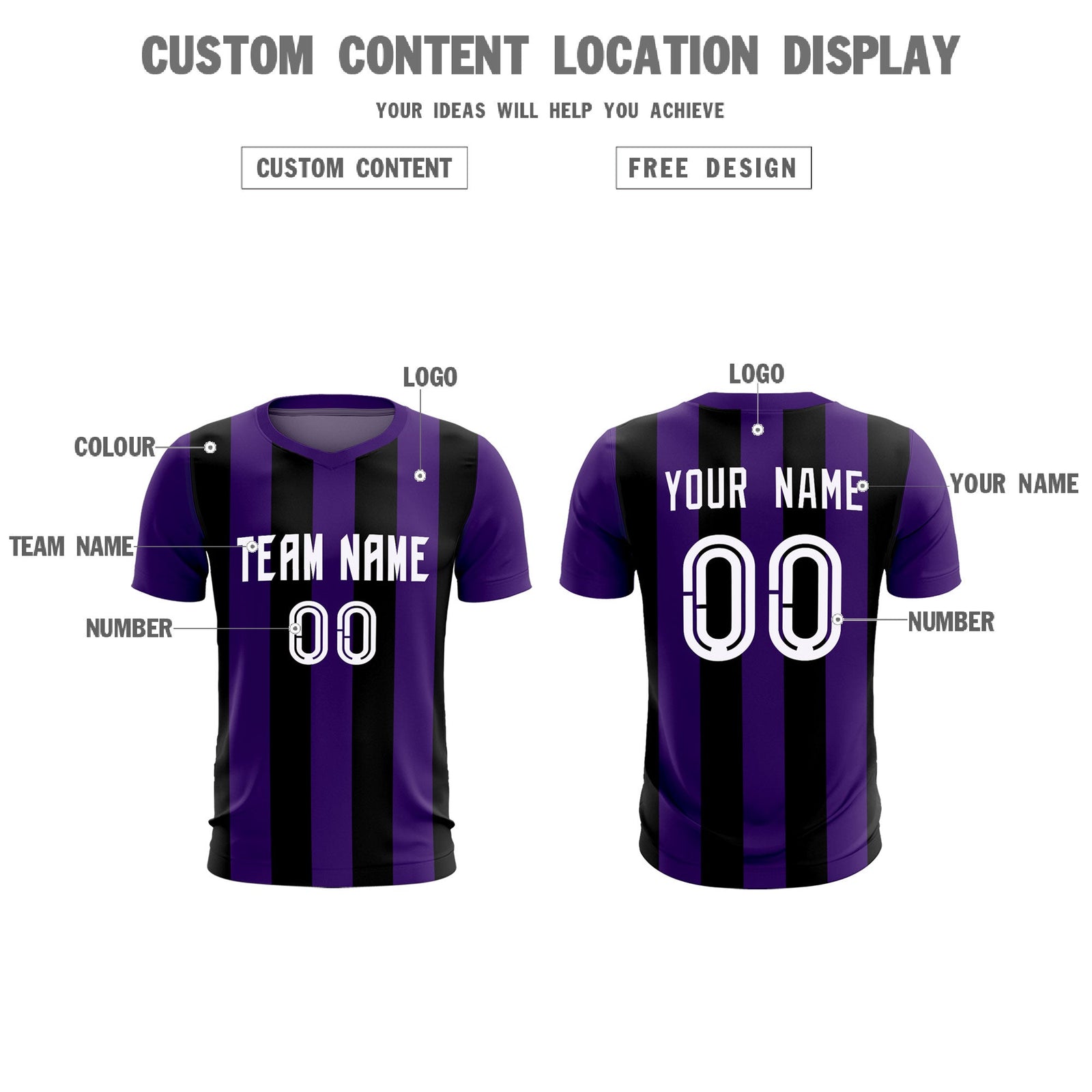 Custom Purple Black Vertical Stripes Casual Outdoor Soccer Sets Jersey