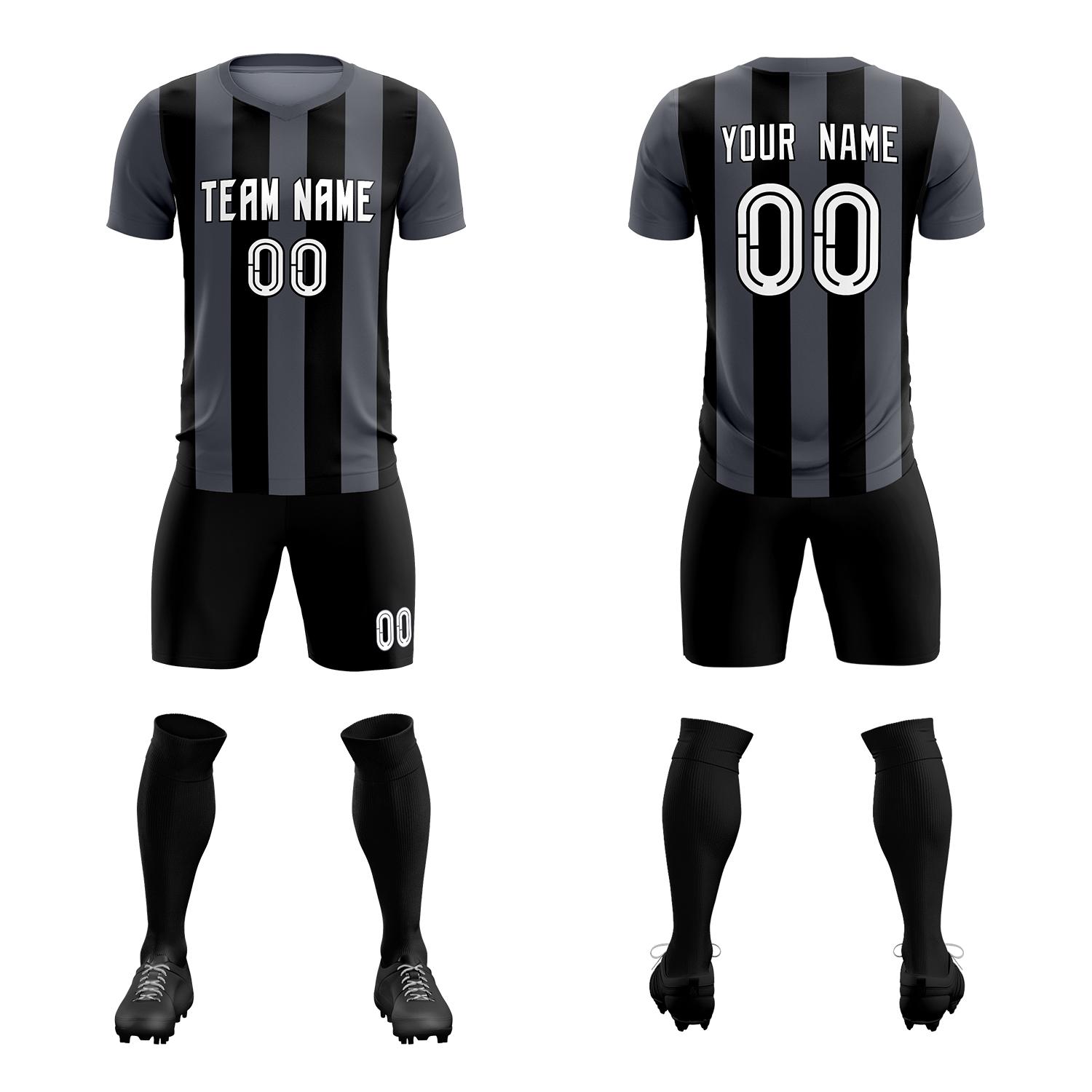 Custom Dark Gray Black Vertical Stripes Casual Outdoor Soccer Sets Jersey