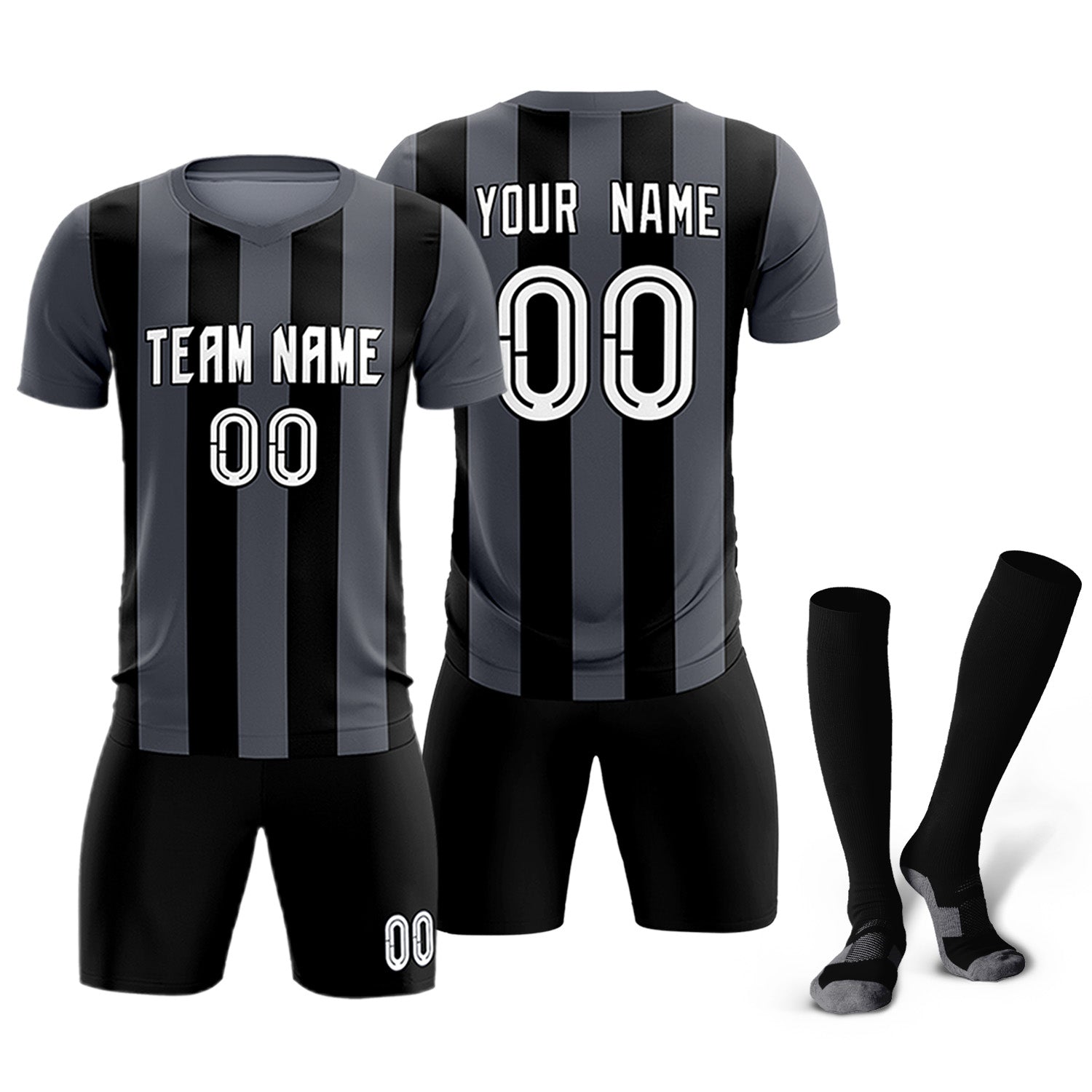 Custom Dark Gray Black Vertical Stripes Casual Outdoor Soccer Sets Jersey