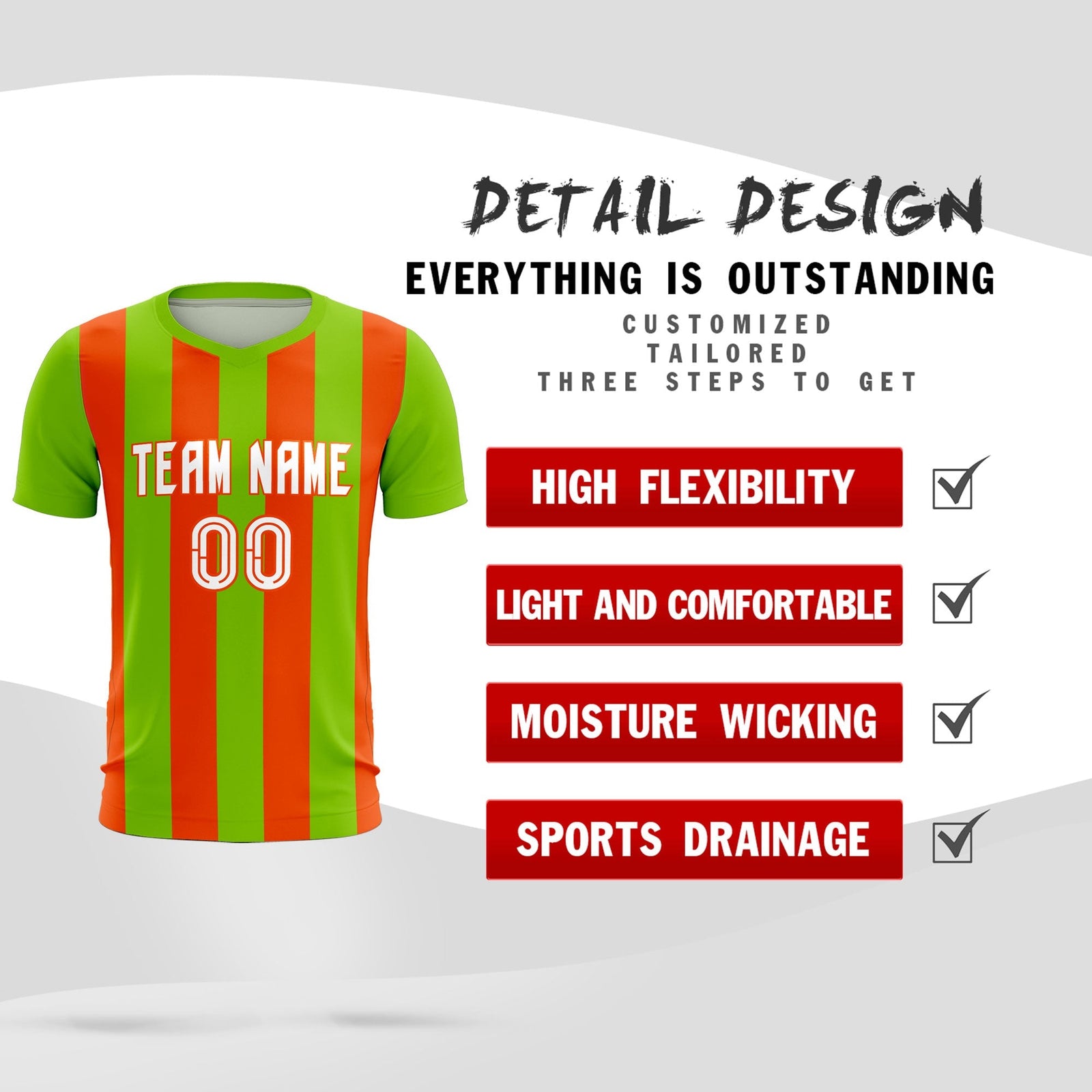Custom Neon Green Orange Vertical Stripes Casual Outdoor Soccer Sets Jersey