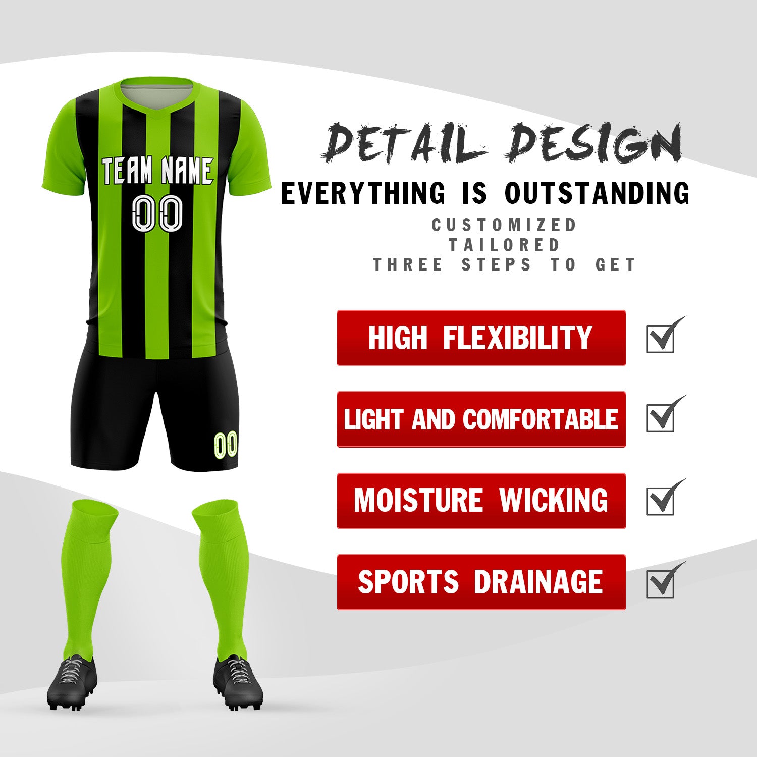 Custom Neon Green Black Vertical Stripes Casual Outdoor Soccer Sets Jersey