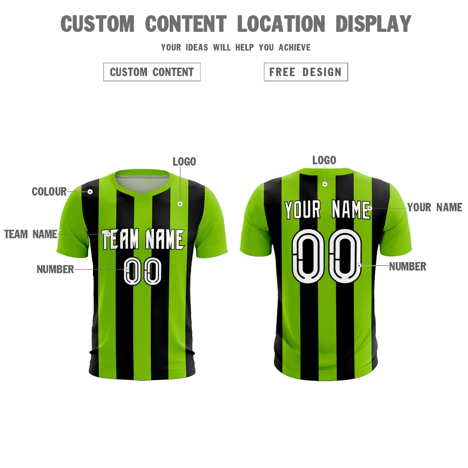 Custom Neon Green Black Vertical Stripes Casual Outdoor Soccer Sets Jersey