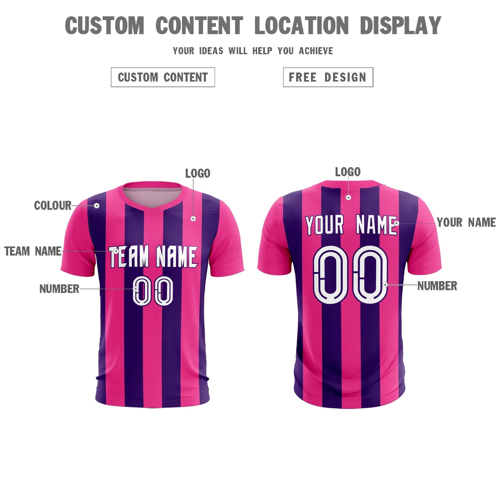 Custom Pink Purple Vertical Stripes Casual Outdoor Soccer Sets Jersey