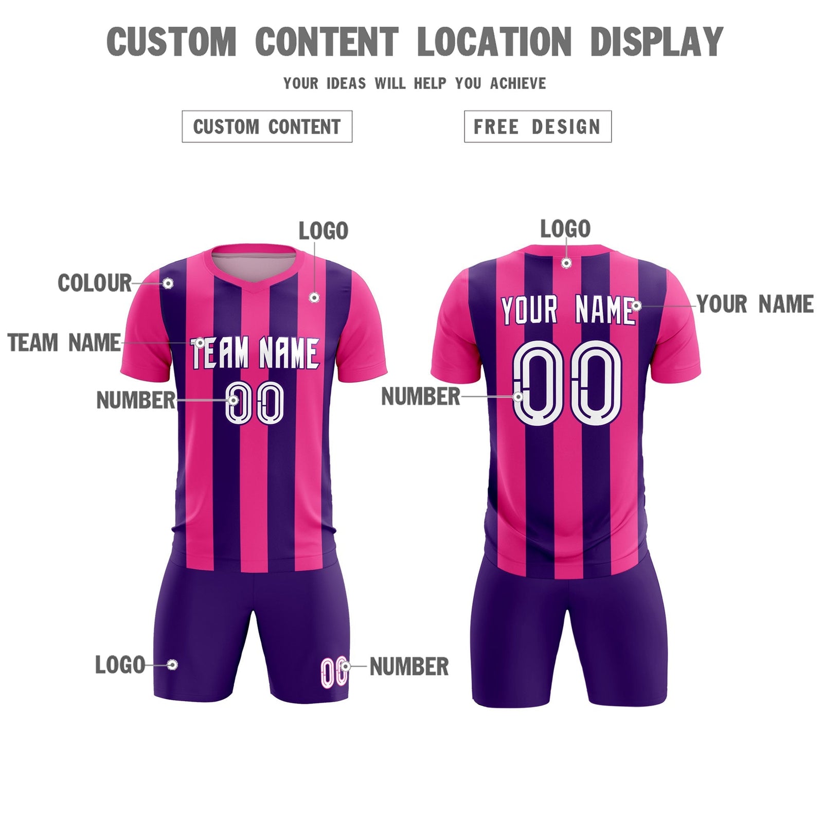 Custom Pink Purple Vertical Stripes Casual Outdoor Soccer Sets Jersey