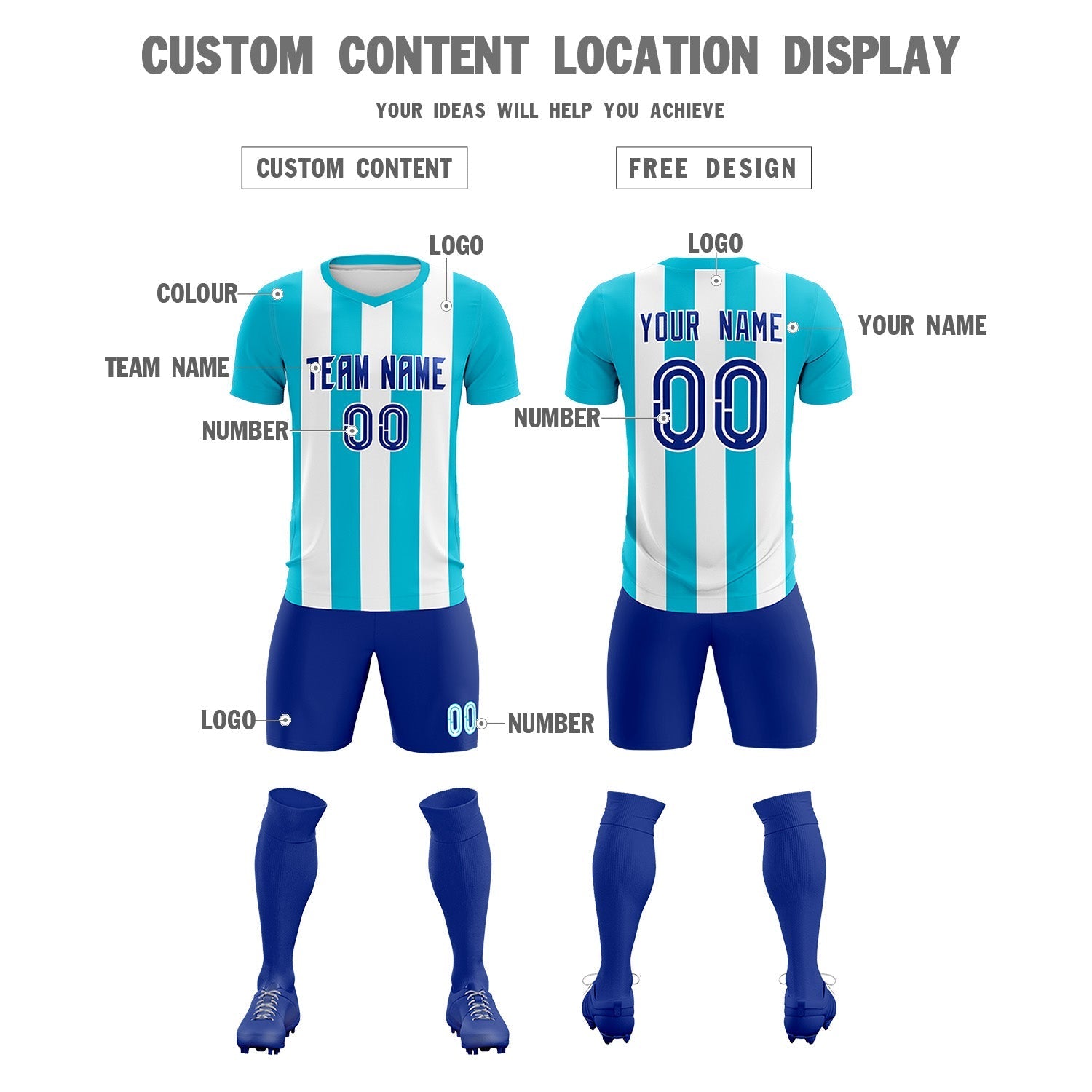 Custom White Sky Blue Vertical Stripes Casual Outdoor Soccer Sets Jersey