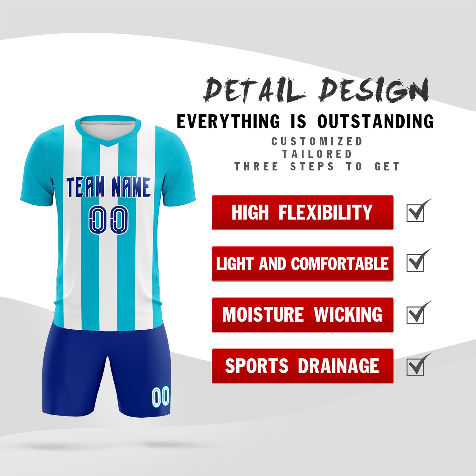Custom White Sky Blue Vertical Stripes Casual Outdoor Soccer Sets Jersey