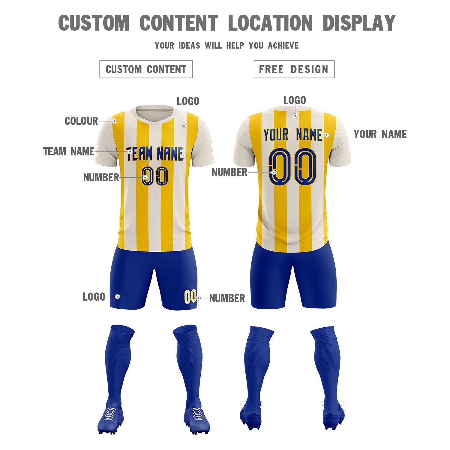 Custom Cream Gold Vertical Stripes Casual Outdoor Soccer Sets Jersey