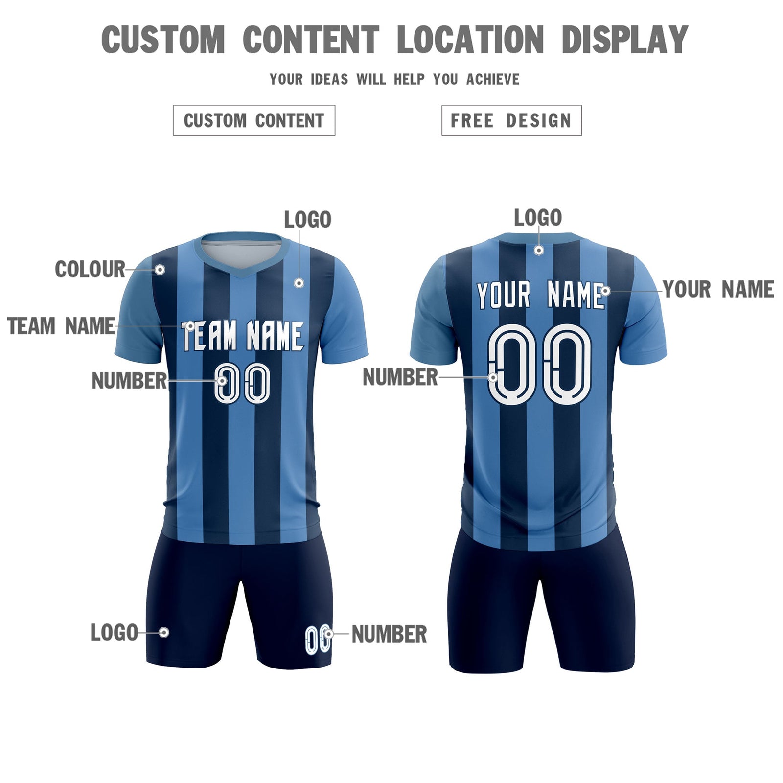 Custom Light Blue Midnight Blue Vertical Stripes Casual Outdoor Soccer Sets Jersey