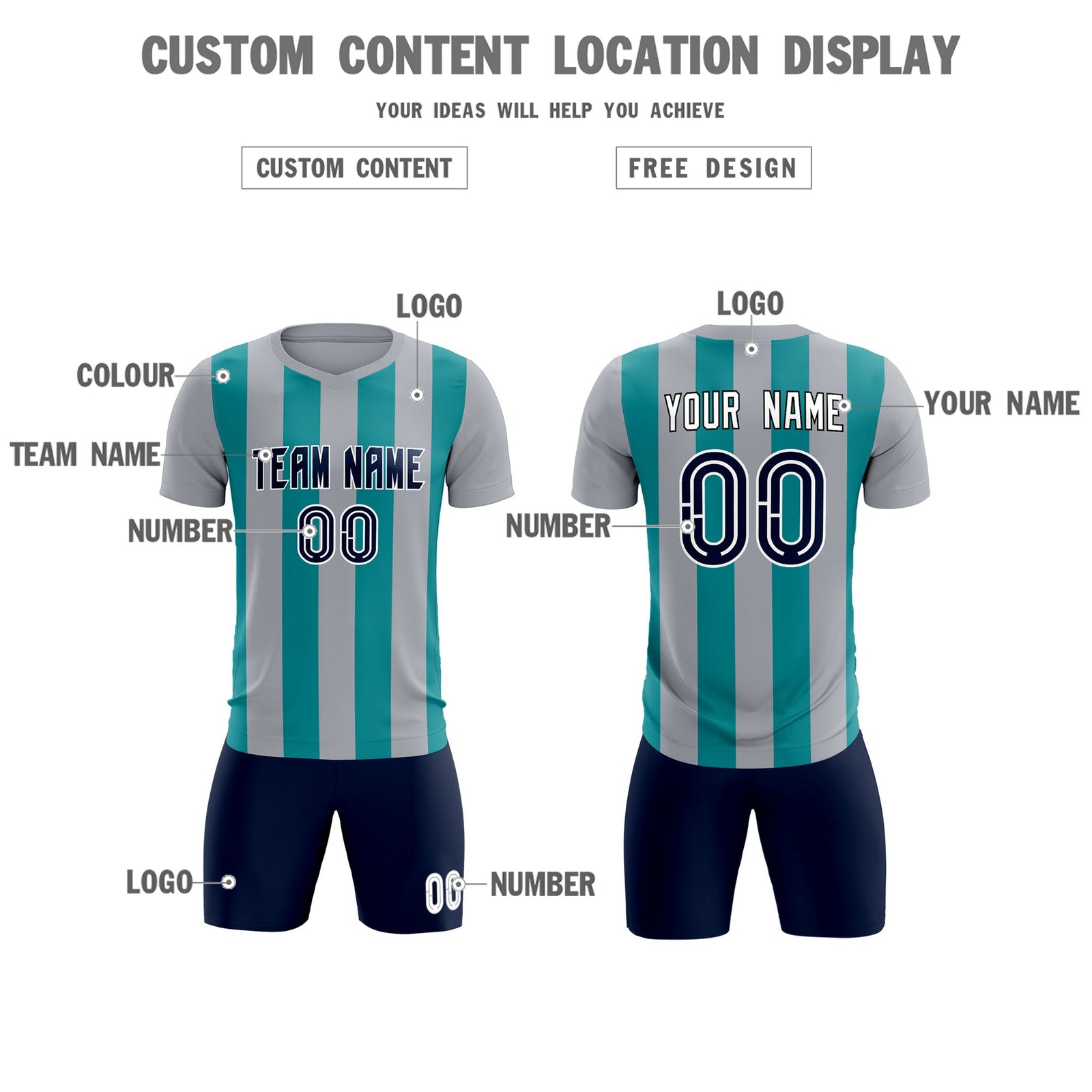 Custom Gray Aqua Vertical Stripes Casual Outdoor Soccer Sets Jersey
