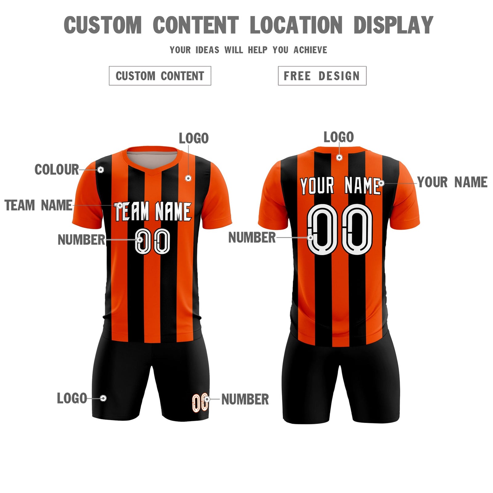 Custom Orange Black Vertical Stripes Casual Outdoor Soccer Sets Jersey