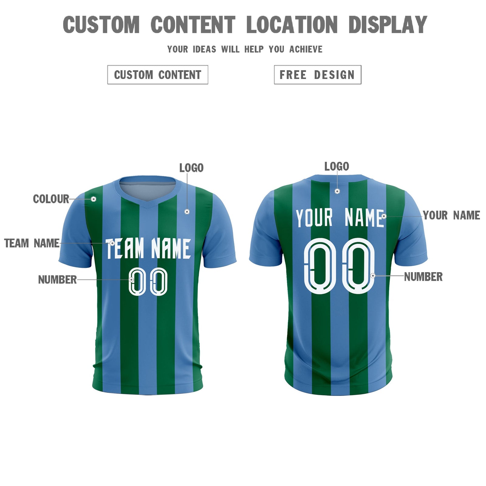 Custom Light Blue Kelly Green Vertical Stripes Casual Outdoor Soccer Sets Jersey