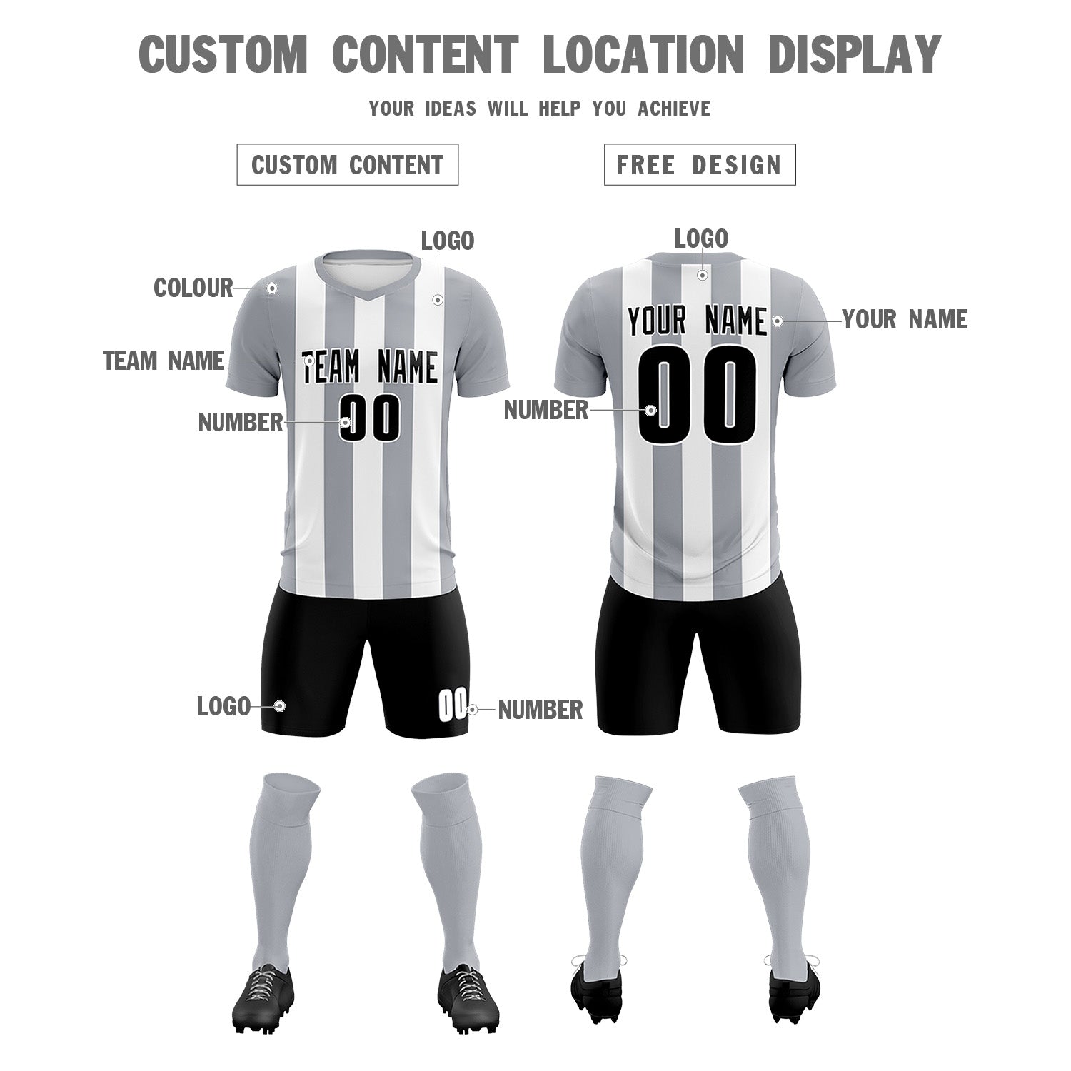 Custom White Gray Vertical Stripes Casual Outdoor Soccer Sets Jersey
