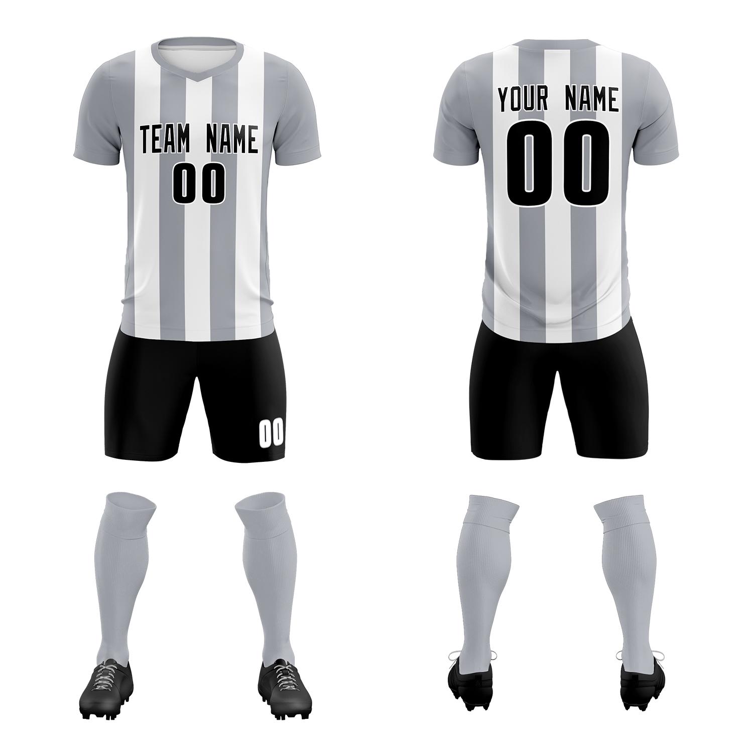 Custom White Gray Vertical Stripes Casual Outdoor Soccer Sets Jersey