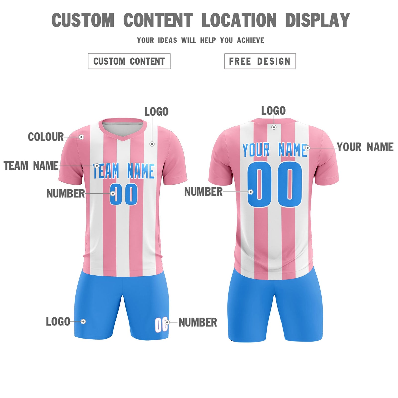 Custom White Light Pink Vertical Stripes Casual Outdoor Soccer Sets Jersey
