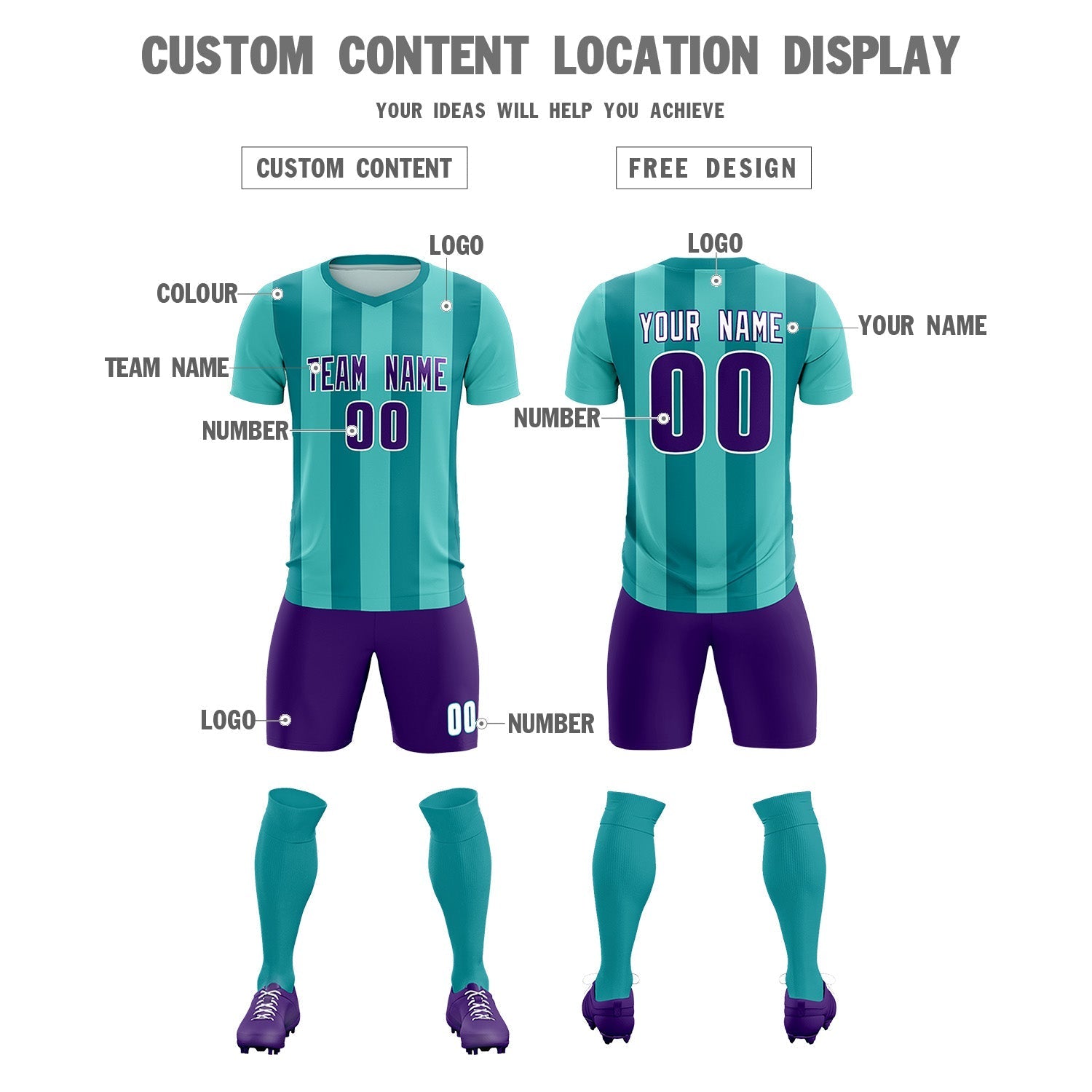 Custom Bright Green Aqua Vertical Stripes Casual Outdoor Soccer Sets Jersey