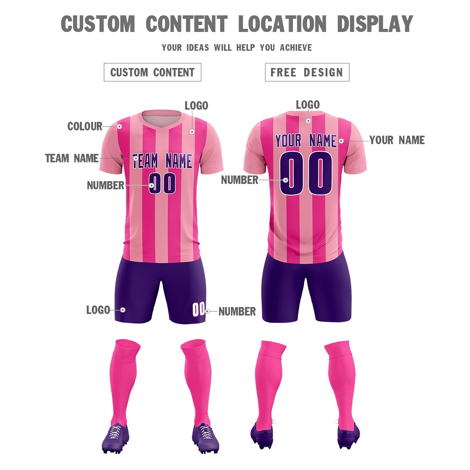 Custom Light Pink Pink Vertical Stripes Casual Outdoor Soccer Sets Jersey