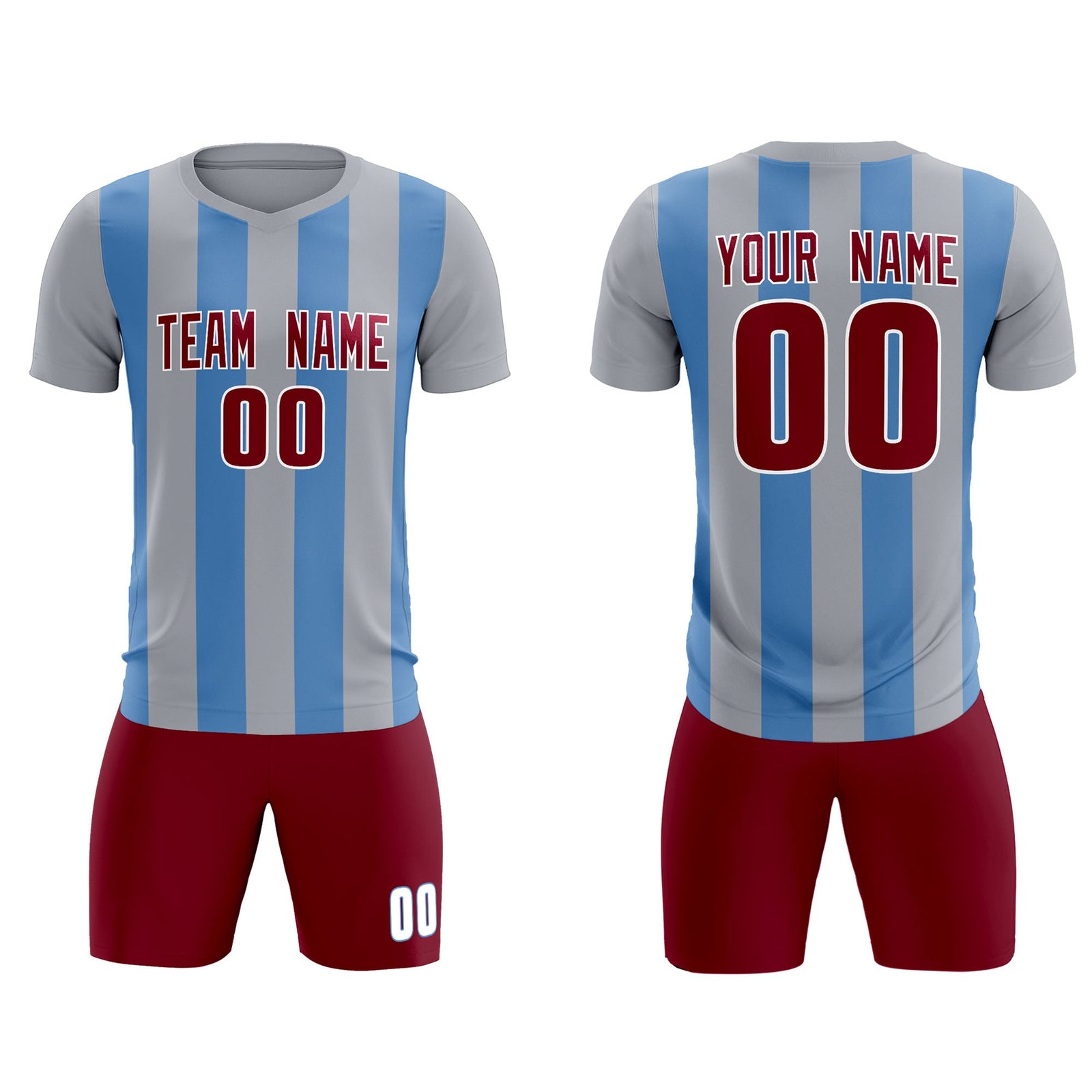 Custom Gray Light Blue Vertical Stripes Casual Outdoor Soccer Sets Jersey