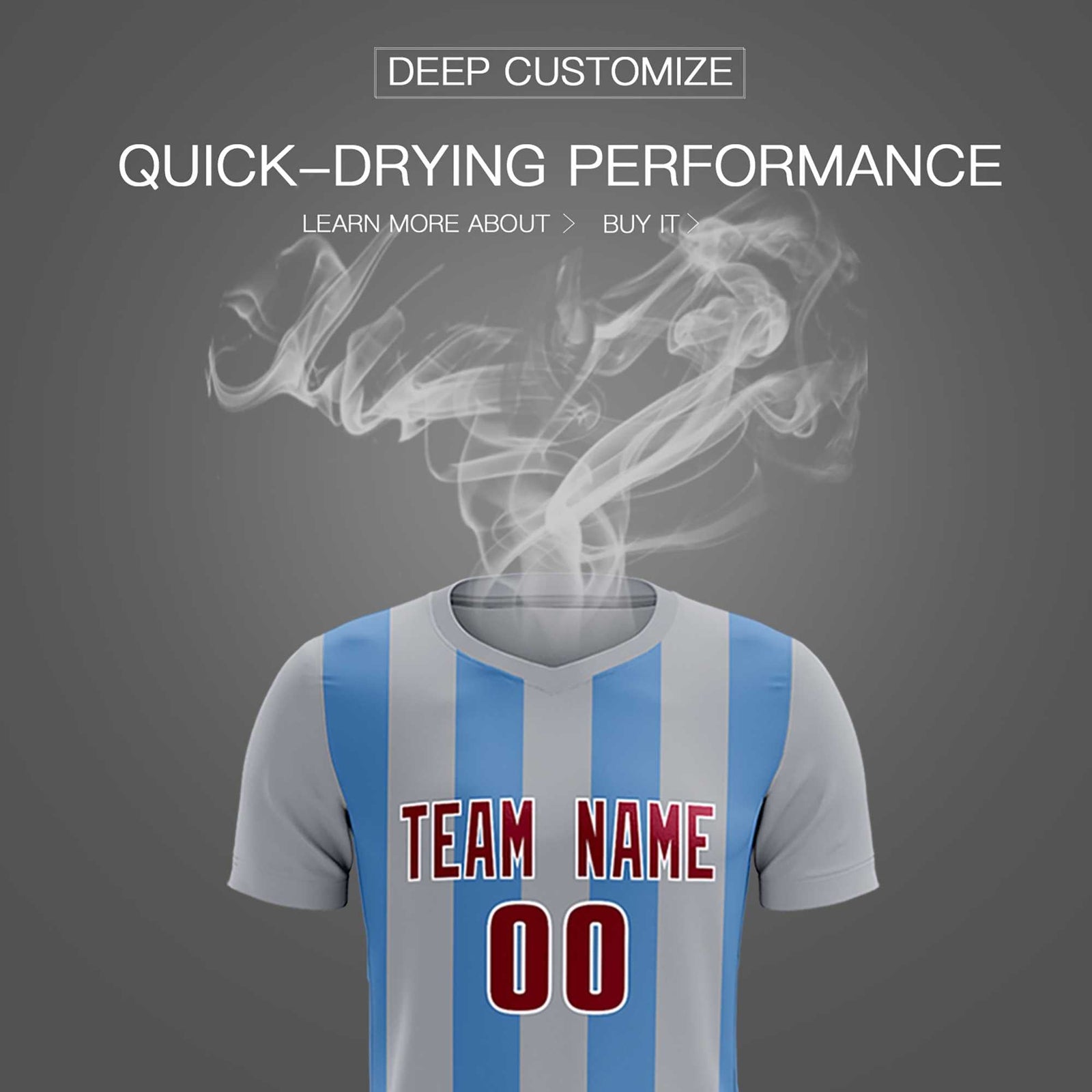 Custom Gray Light Blue Vertical Stripes Casual Outdoor Soccer Sets Jersey