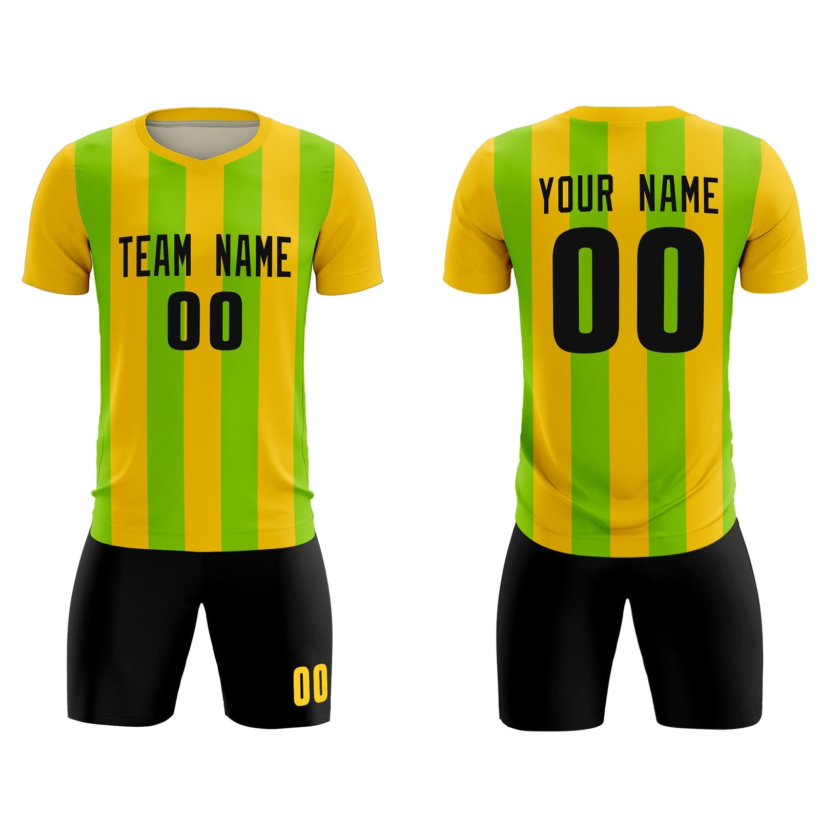 Custom Gold Neon Green Vertical Stripes Casual Outdoor Soccer Sets Jersey