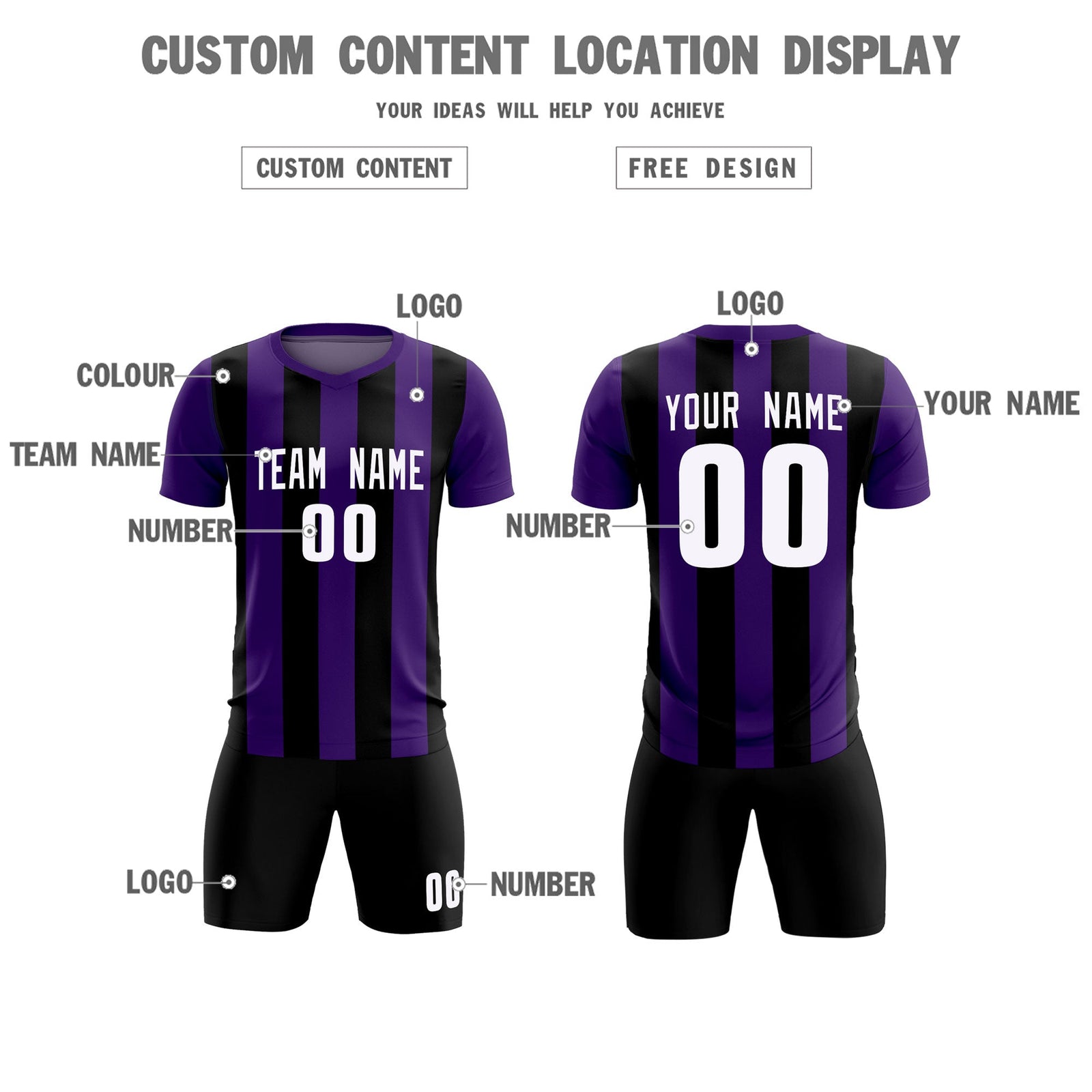 Custom Purple Black Vertical Stripes Casual Outdoor Soccer Sets Jersey