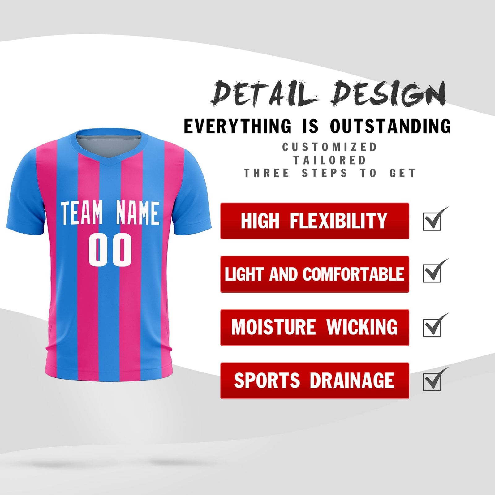 Custom Powder Blue Pink Vertical Stripes Casual Outdoor Soccer Sets Jersey