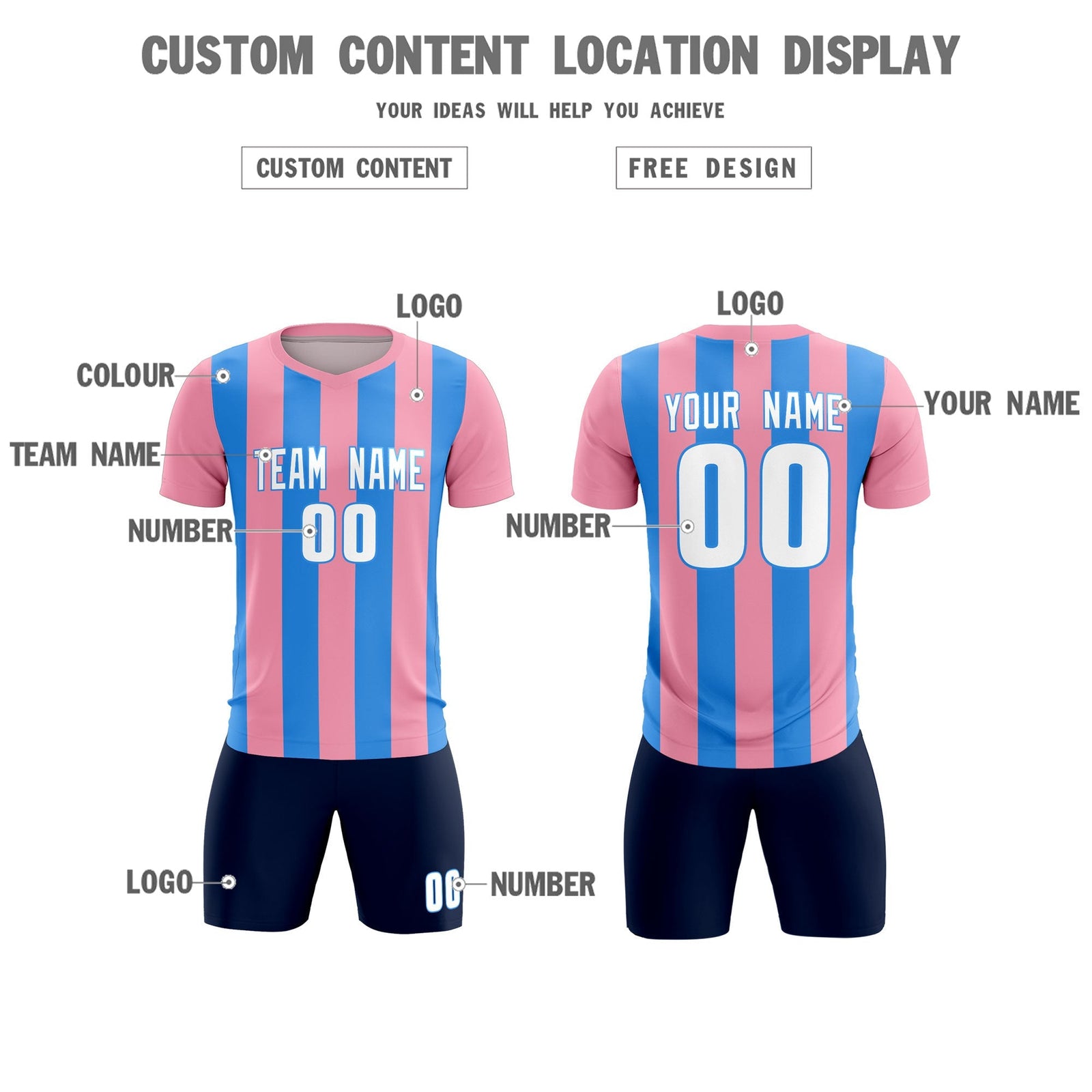 Custom Light Pink Powder Blue Vertical Stripes Casual Outdoor Soccer Sets Jersey