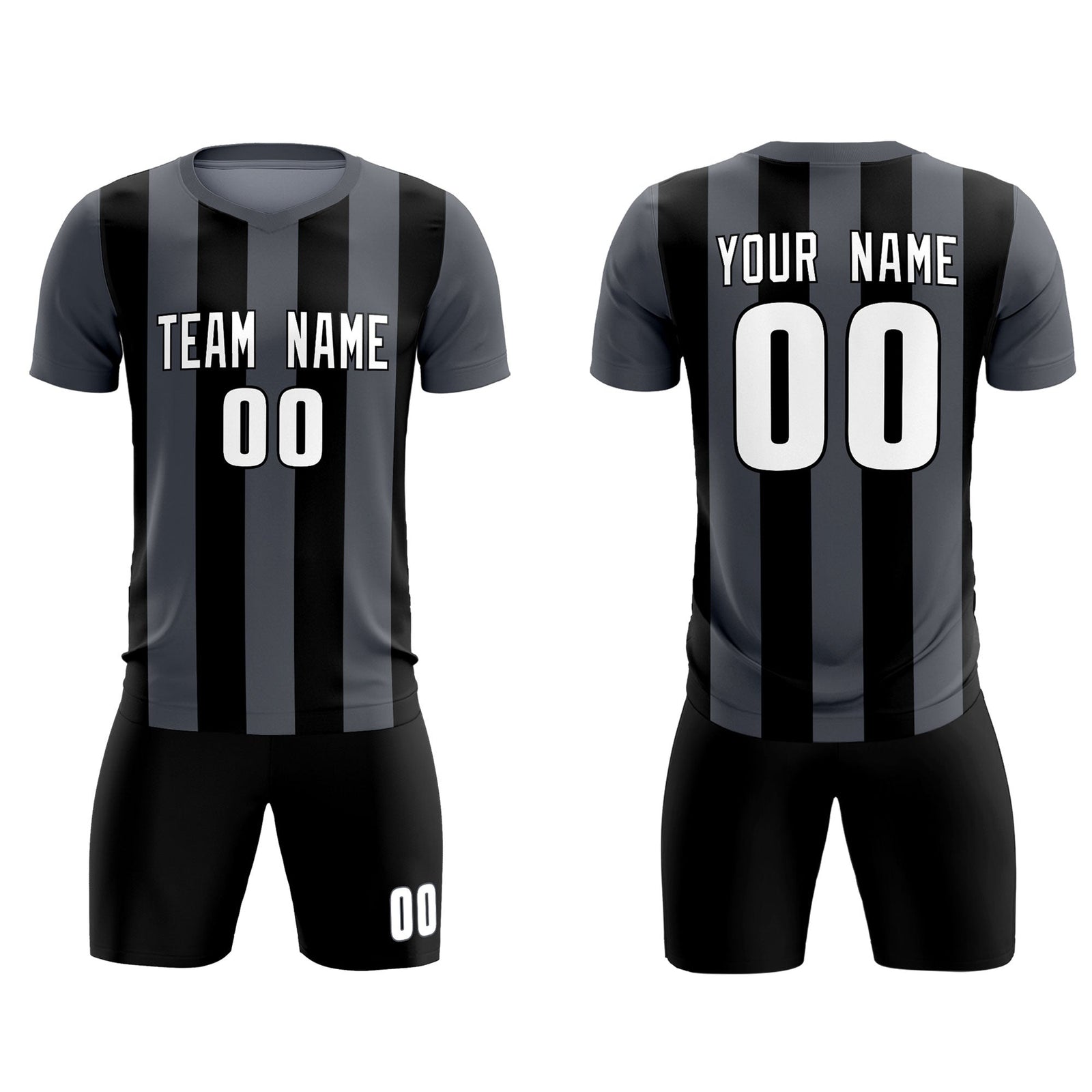 Custom Dark Gray Black Vertical Stripes Casual Outdoor Soccer Sets Jersey