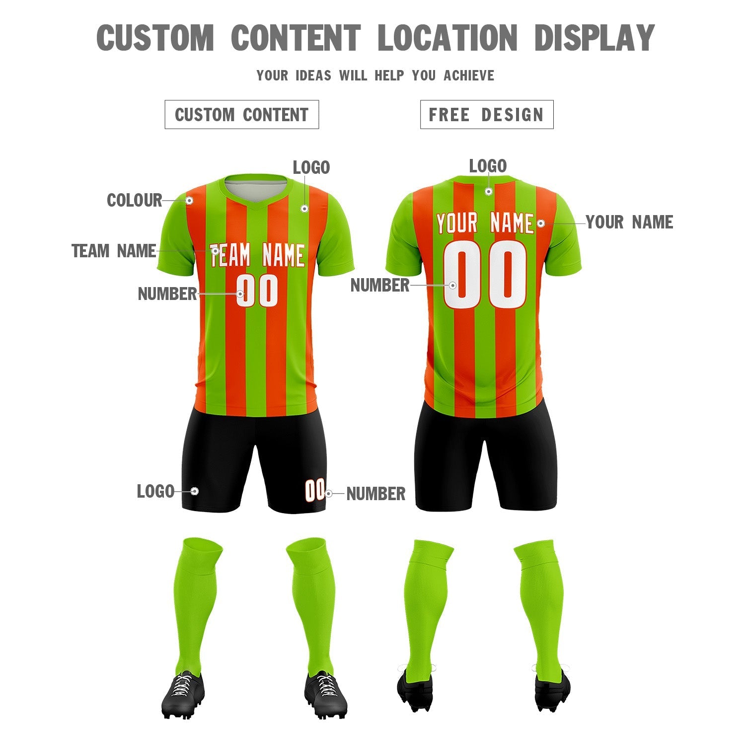 Custom Neon Green Orange Vertical Stripes Casual Outdoor Soccer Sets Jersey