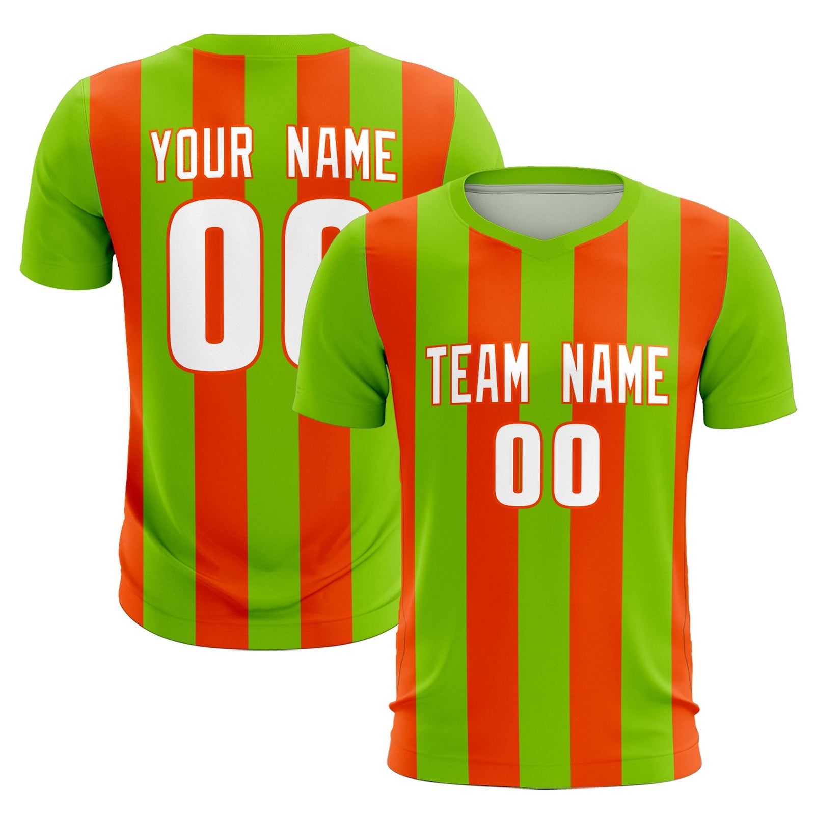 Custom Neon Green Orange Vertical Stripes Casual Outdoor Soccer Sets Jersey