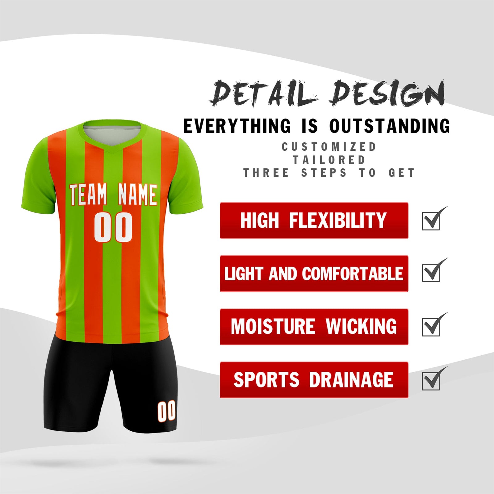Custom Neon Green Orange Vertical Stripes Casual Outdoor Soccer Sets Jersey