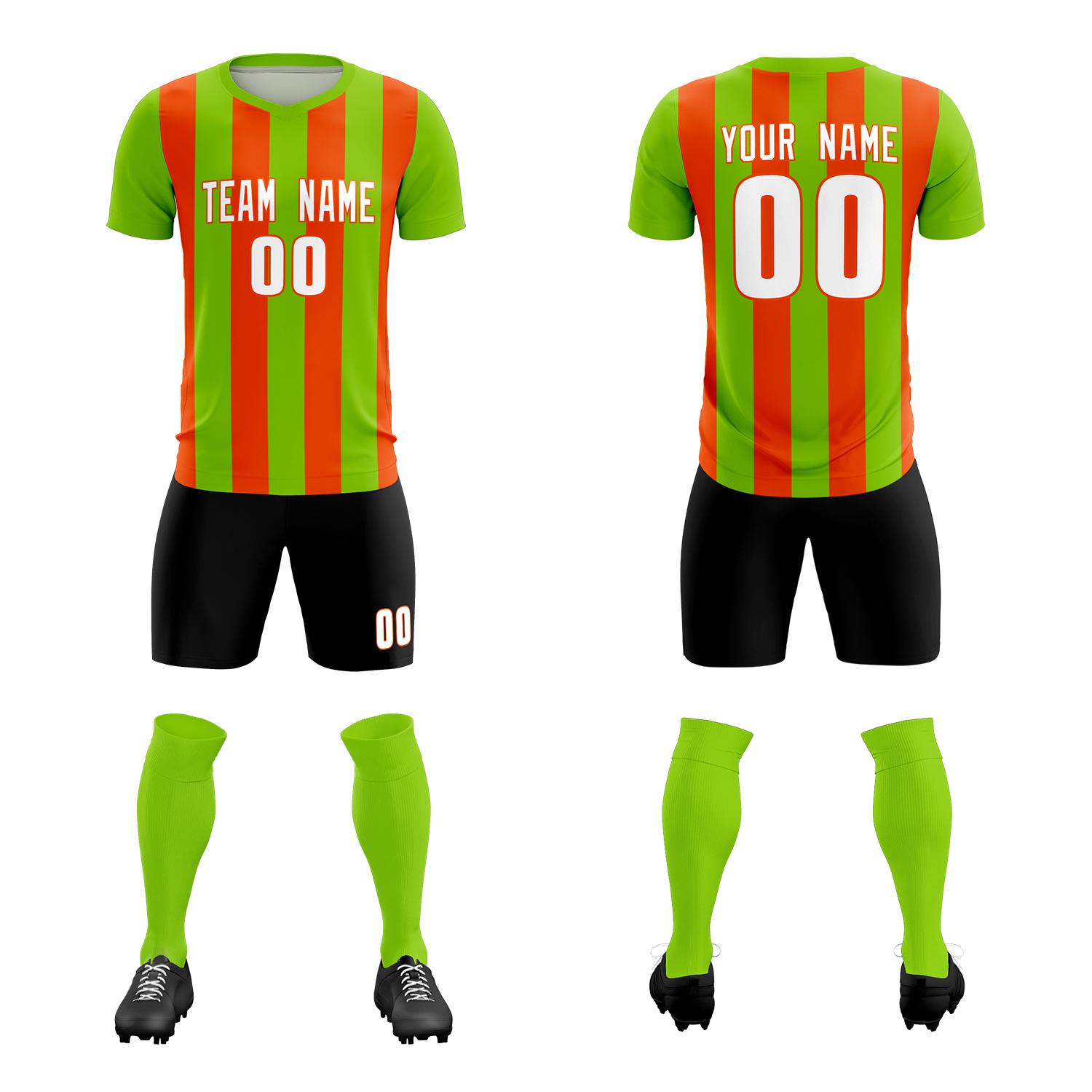 Custom Neon Green Orange Vertical Stripes Casual Outdoor Soccer Sets Jersey