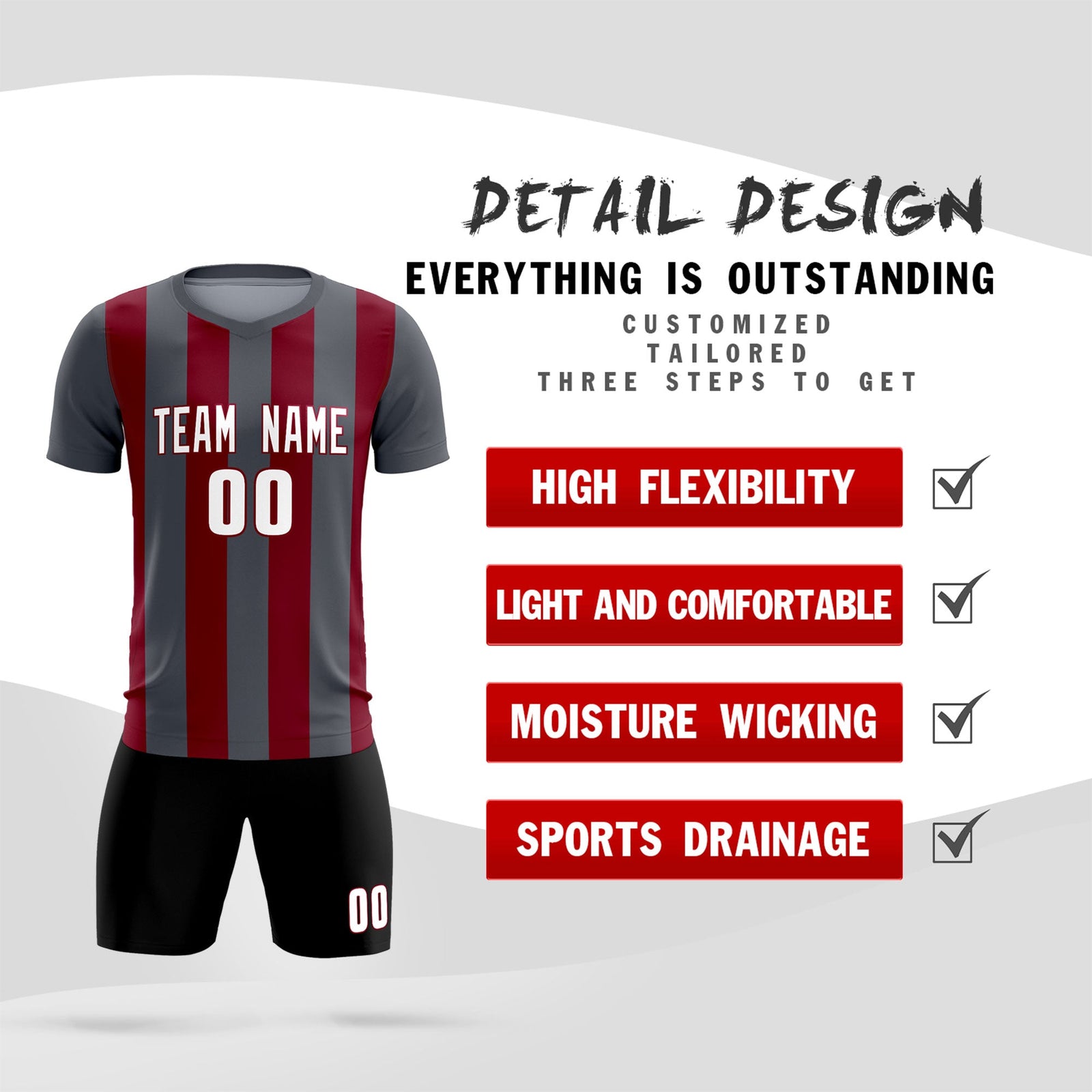 Custom Dark Gray Crimson Vertical Stripes Casual Outdoor Soccer Sets Jersey
