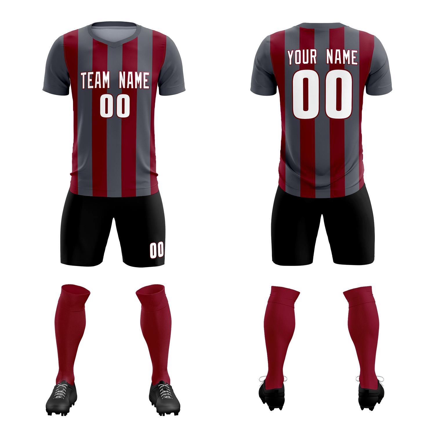 Custom Dark Gray Crimson Vertical Stripes Casual Outdoor Soccer Sets Jersey