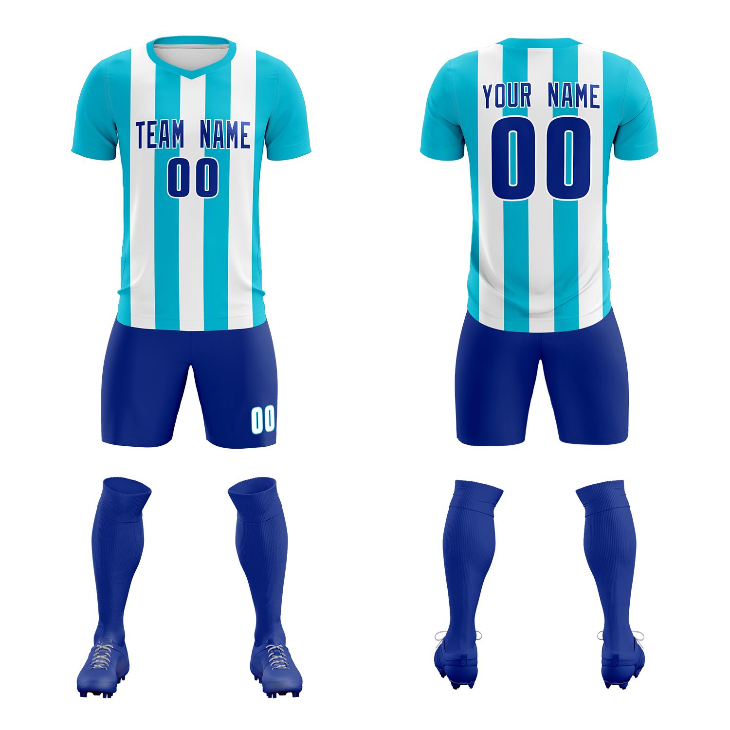 Custom White Sky Blue Vertical Stripes Casual Outdoor Soccer Sets Jersey