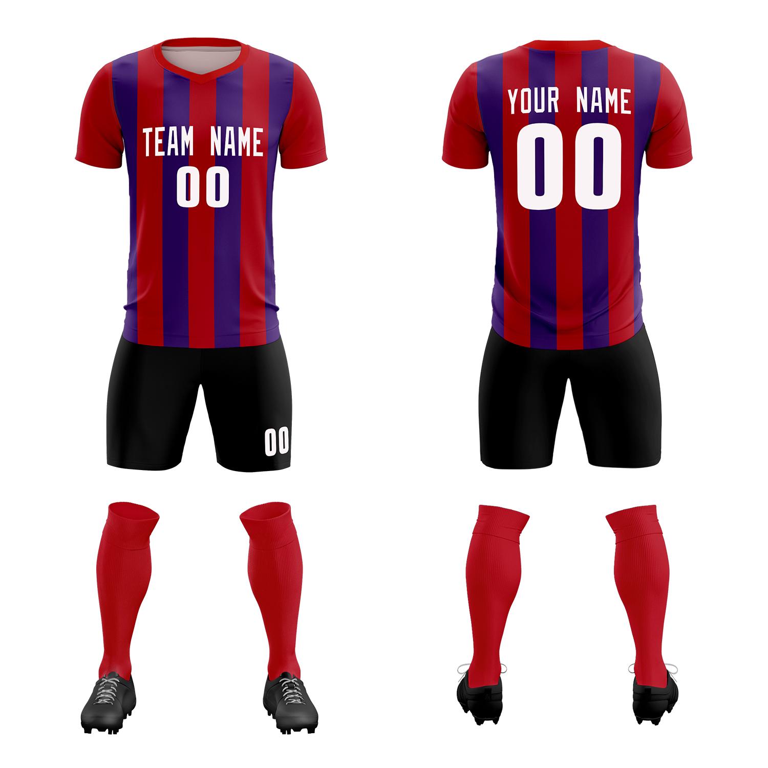 Custom Red Purple Vertical Stripes Casual Outdoor Soccer Sets Jersey