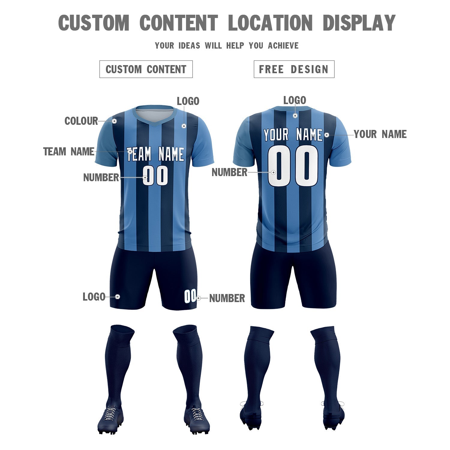 Custom Light Blue Midnight Blue Vertical Stripes Casual Outdoor Soccer Sets Jersey