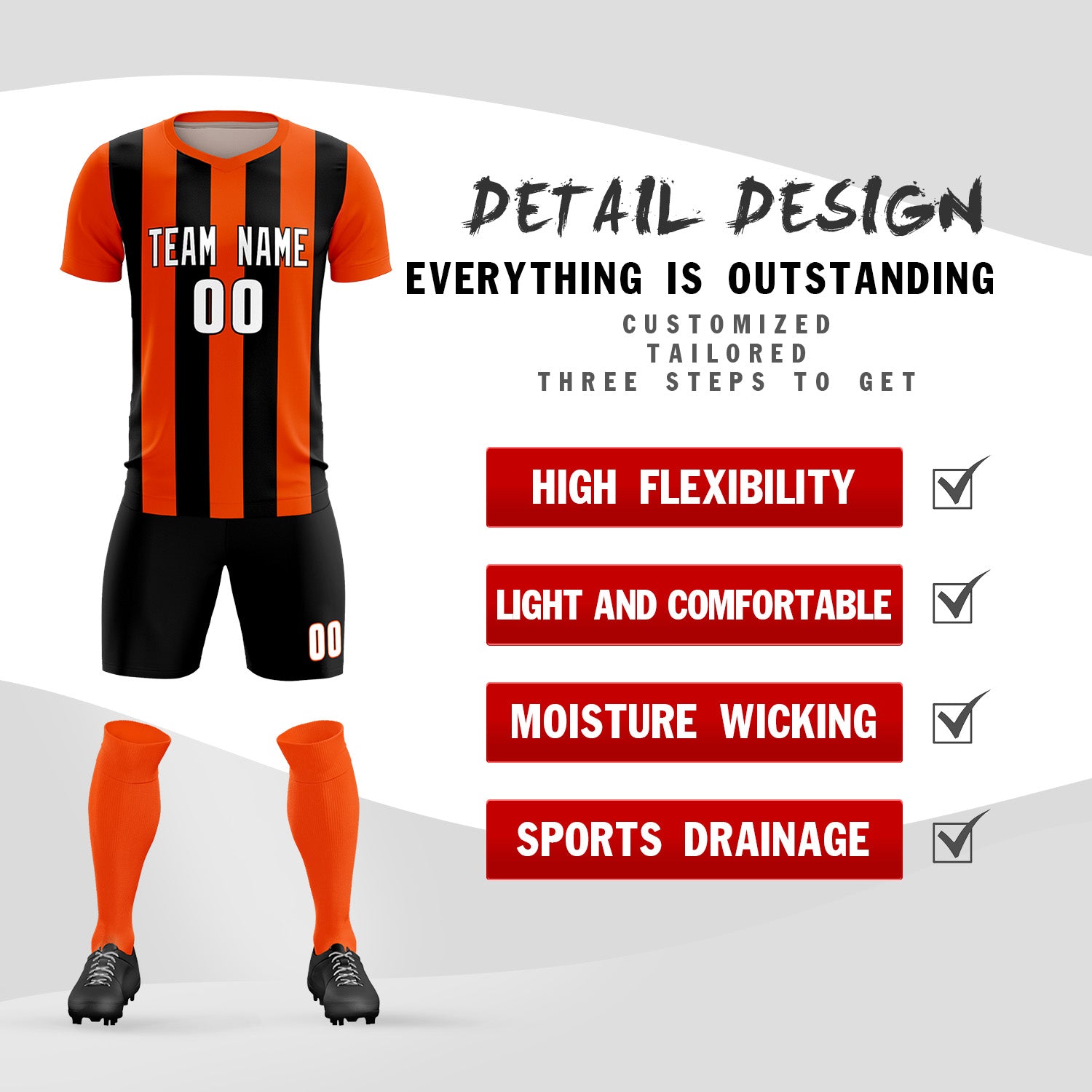 Custom Orange Black Vertical Stripes Casual Outdoor Soccer Sets Jersey