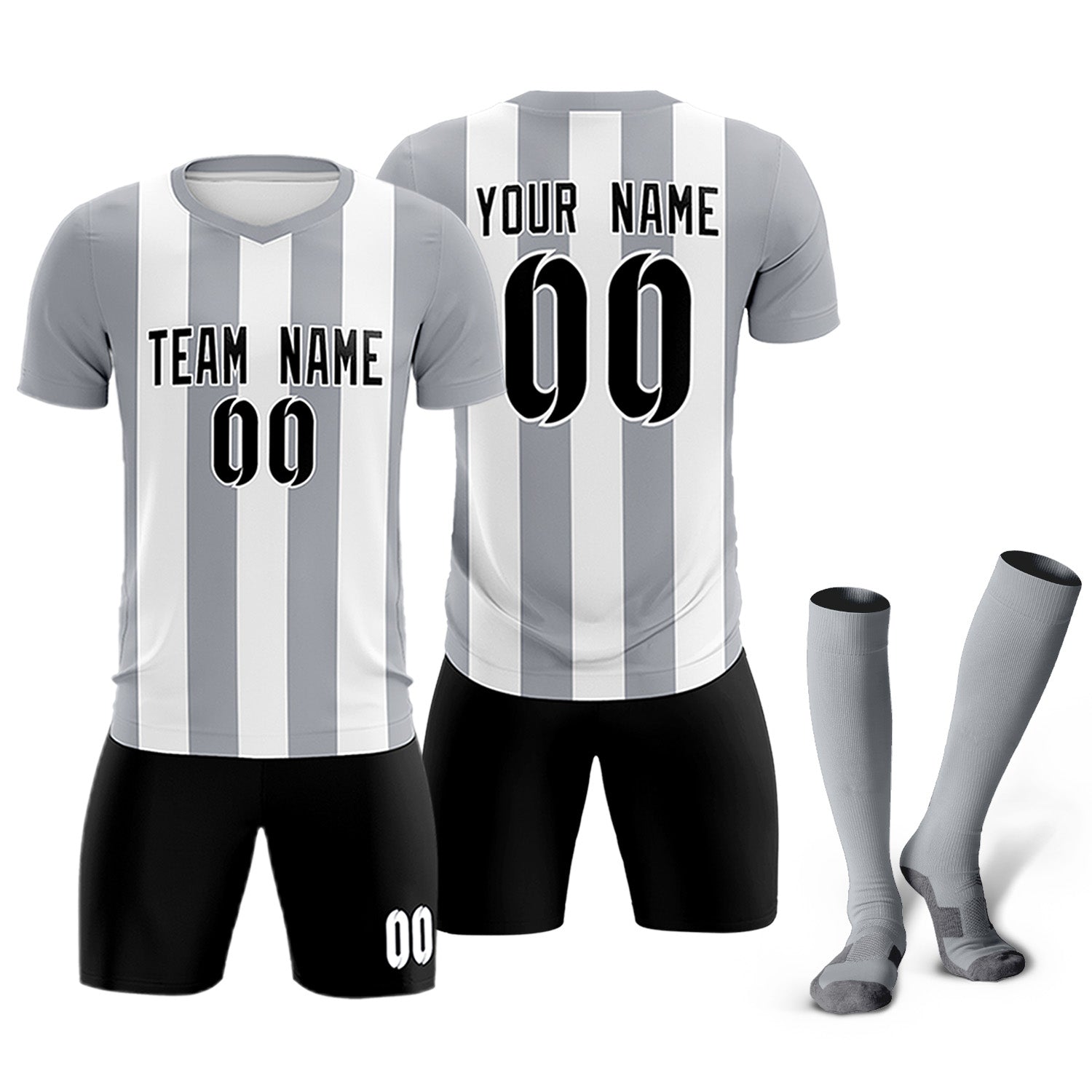Custom White Gray Vertical Stripes Casual Outdoor Soccer Sets Jersey