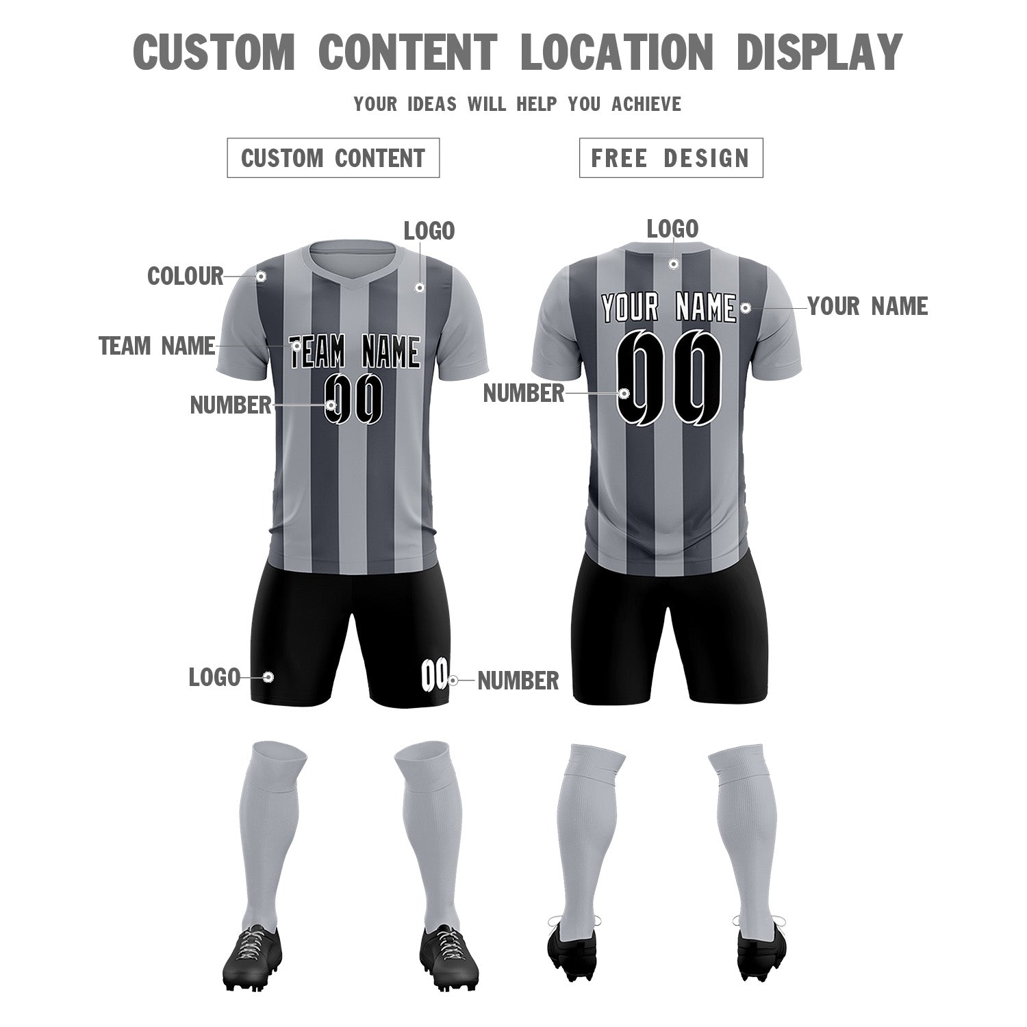 Custom Gray Dark Gray Vertical Stripes Casual Outdoor Soccer Sets Jersey