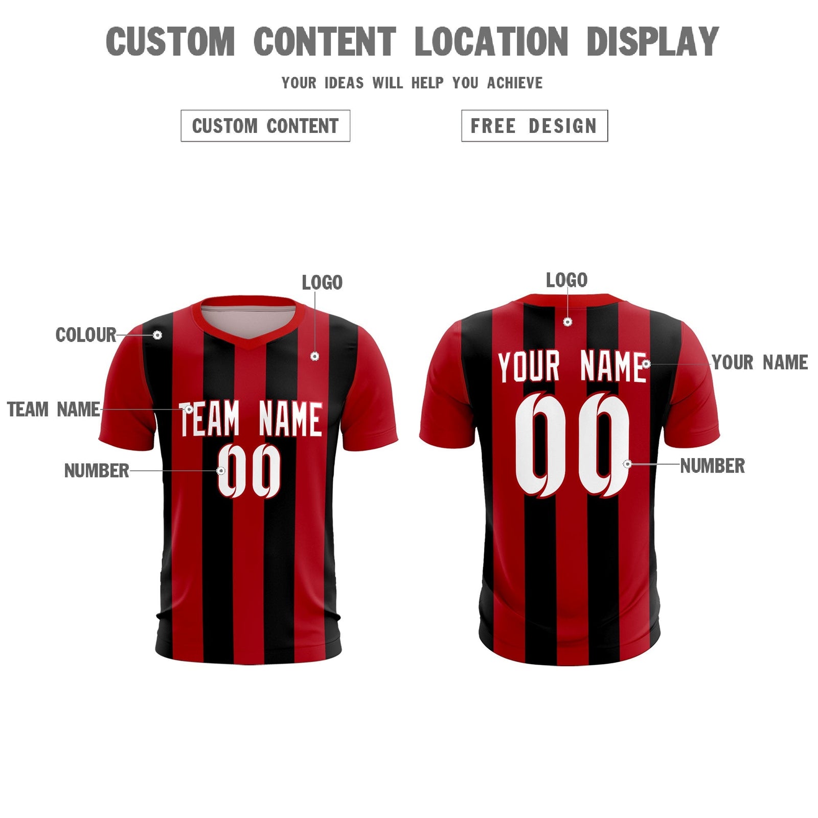 Custom Red Black Vertical Stripes Casual Outdoor Soccer Sets Jersey