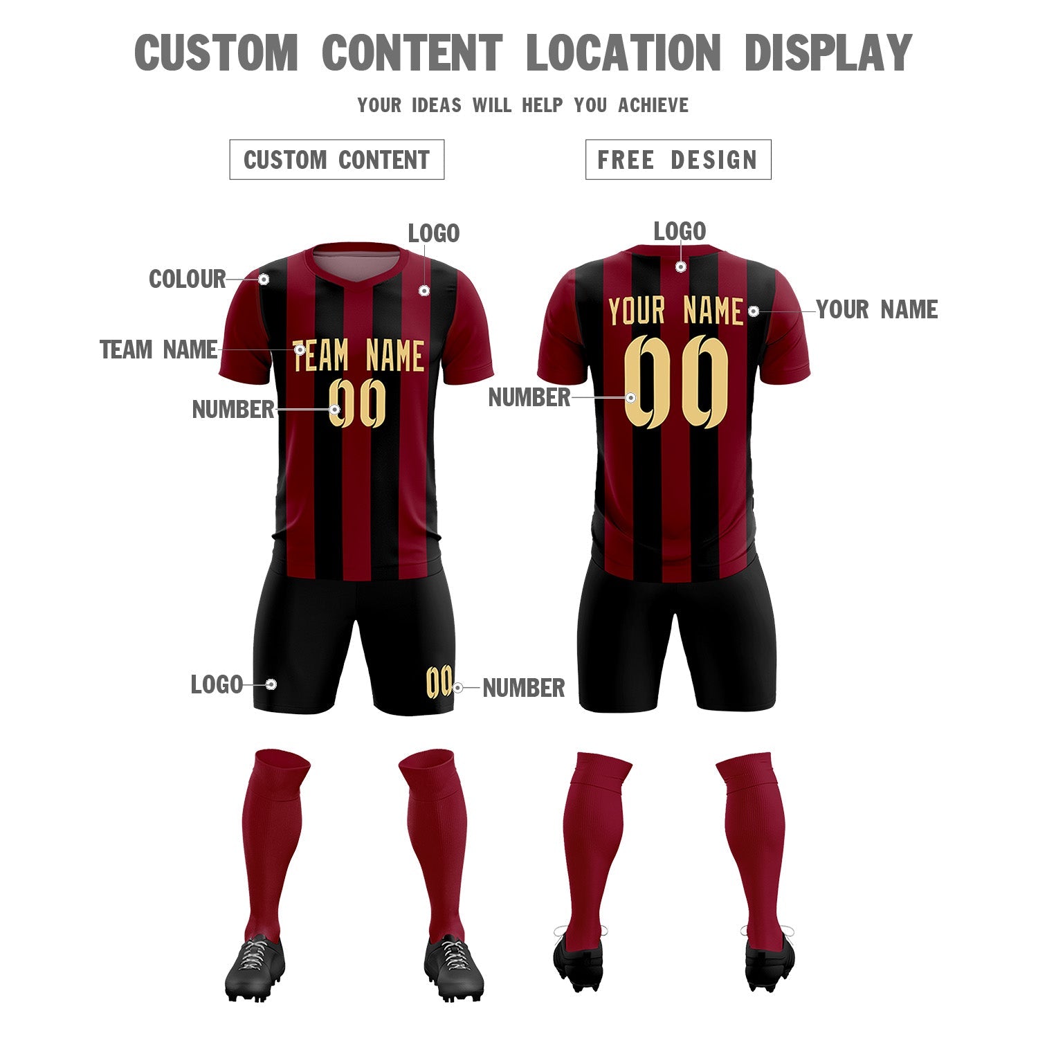 Custom Crimson Black Vertical Stripes Casual Outdoor Soccer Sets Jersey