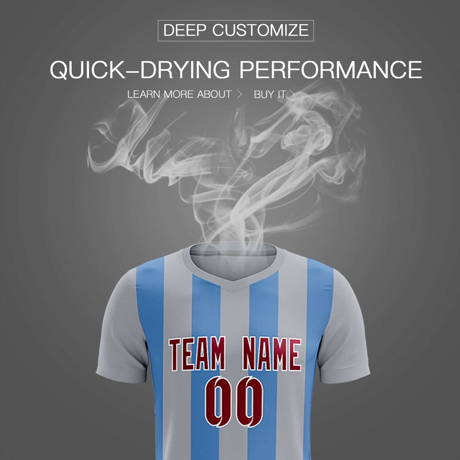 Custom Gray Light Blue Vertical Stripes Casual Outdoor Soccer Sets Jersey